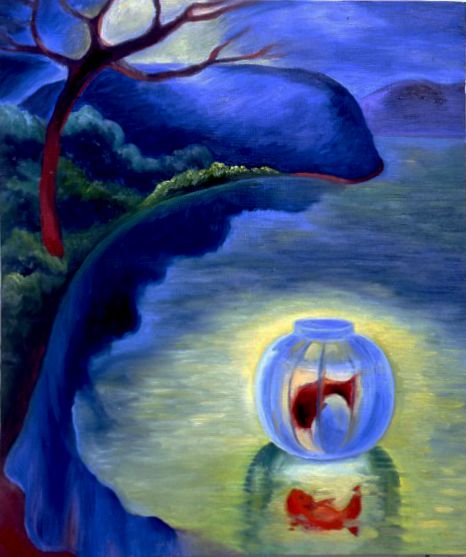Blue-toned lake scene with a glowing fishbowl holding a red fish near the shore