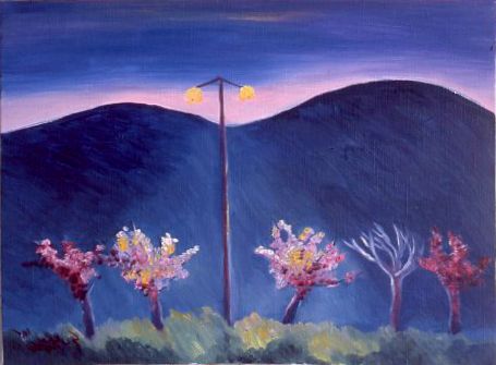 Night landscape with glowing streetlamp, dark hills, and blooming pink trees beneath a purple sky