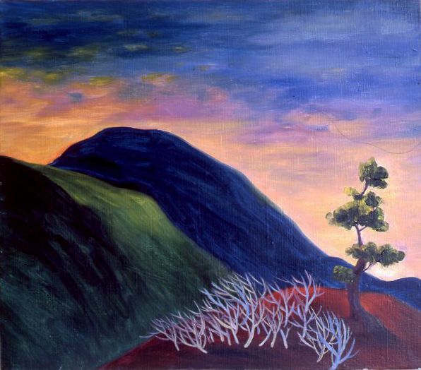 Colorful sunset over dark hills with a lone tree and white coral-like branches in the foreground