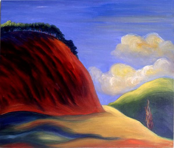 Colorful landscape with a red cliff, blue sky, white clouds, and sunlit hills near water