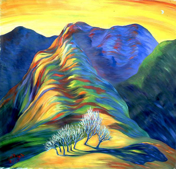 Colorful abstract mountain landscape with bright rainbow hues and a small white tree in the foreground
