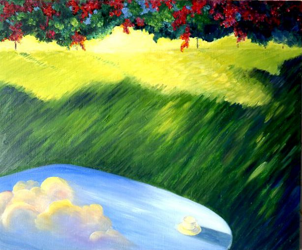 Colorful painting of green hills, red flowers, and a blue pond with white clouds at the bottom left