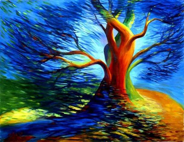 Colorful abstract painting of a lone tree with a glowing orange trunk and blue-green foliage on a sunlit path