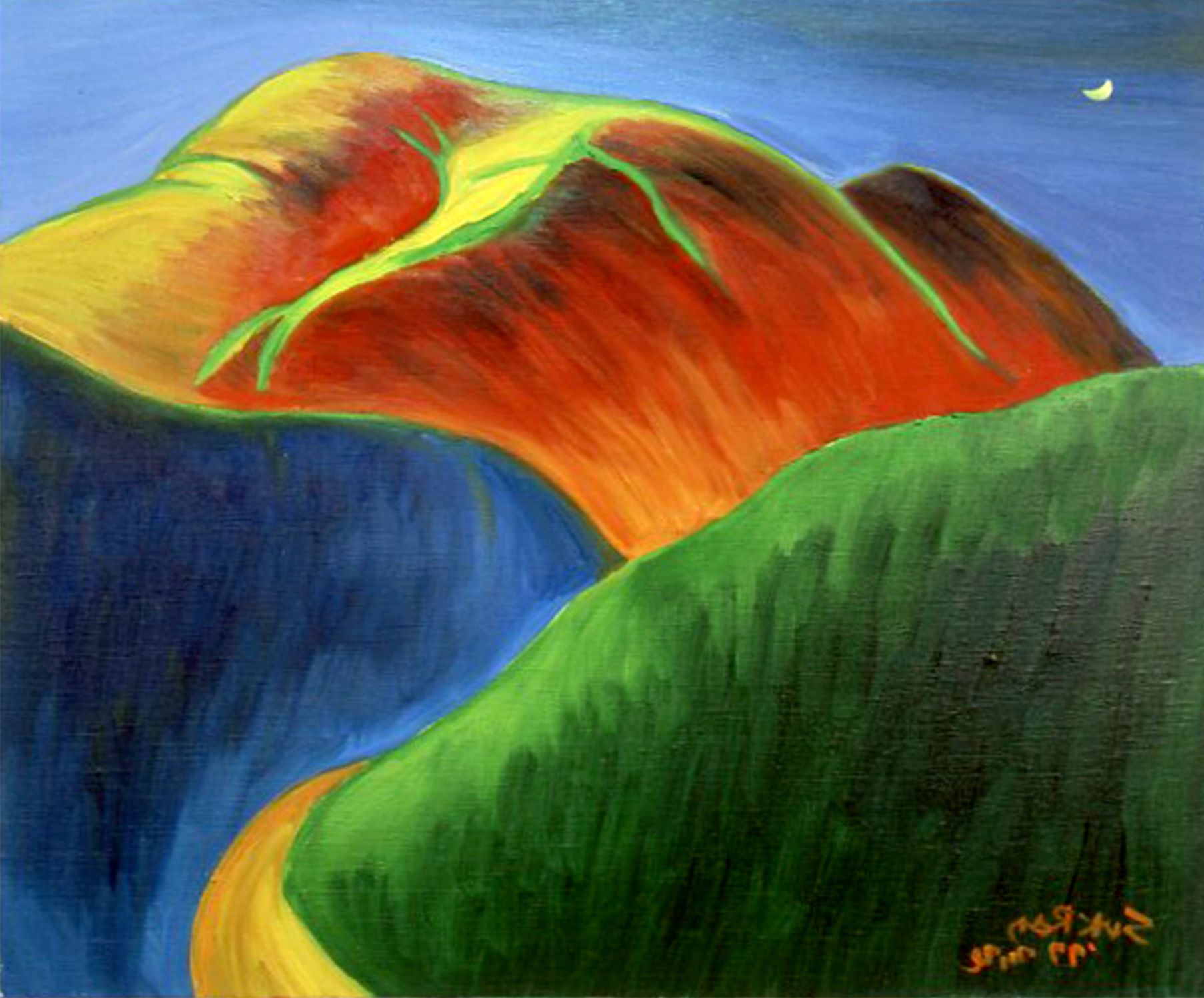 Colorful abstract landscape with green, orange, blue, and red hills under a small white moon