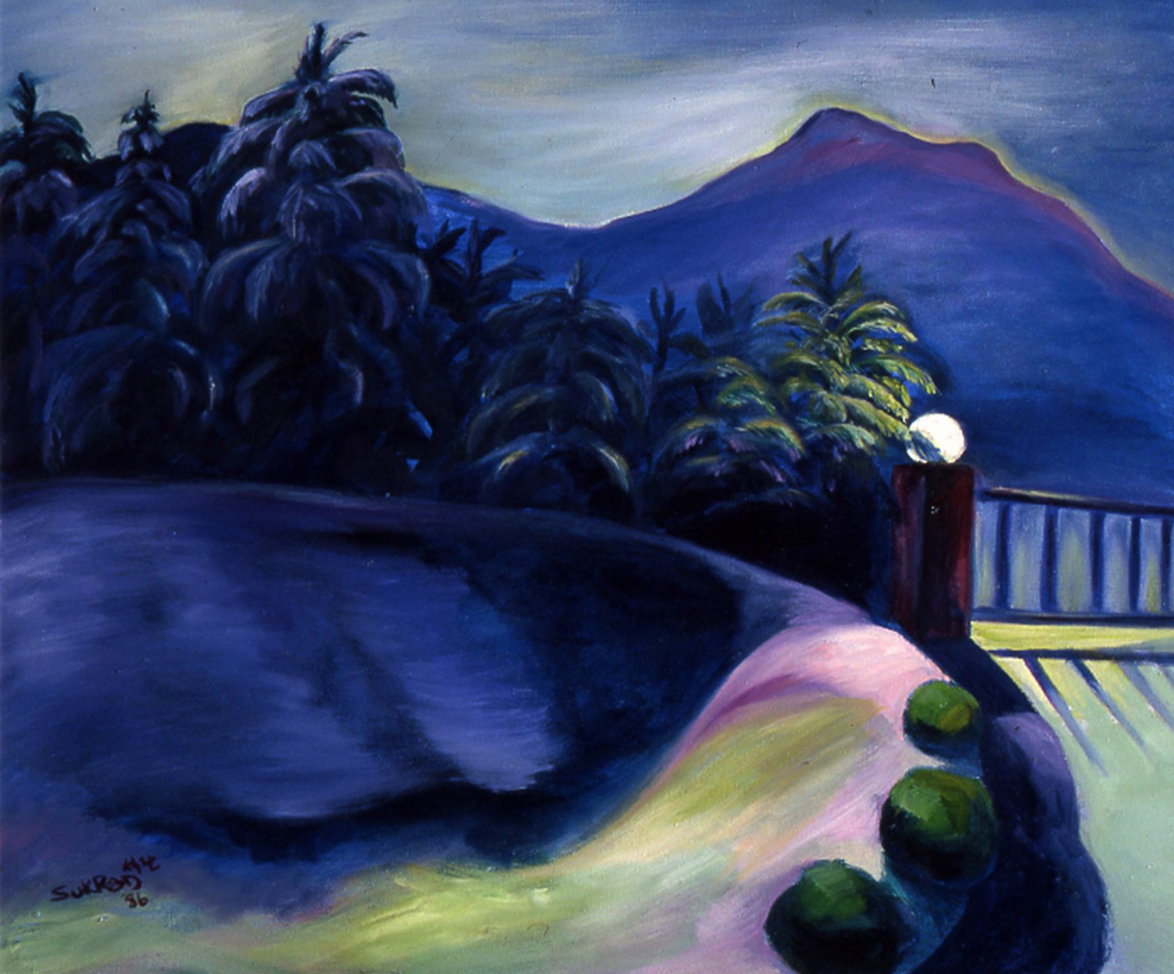 Moonlit tropical landscape with palms, a mountain, and a railing beside a winding path