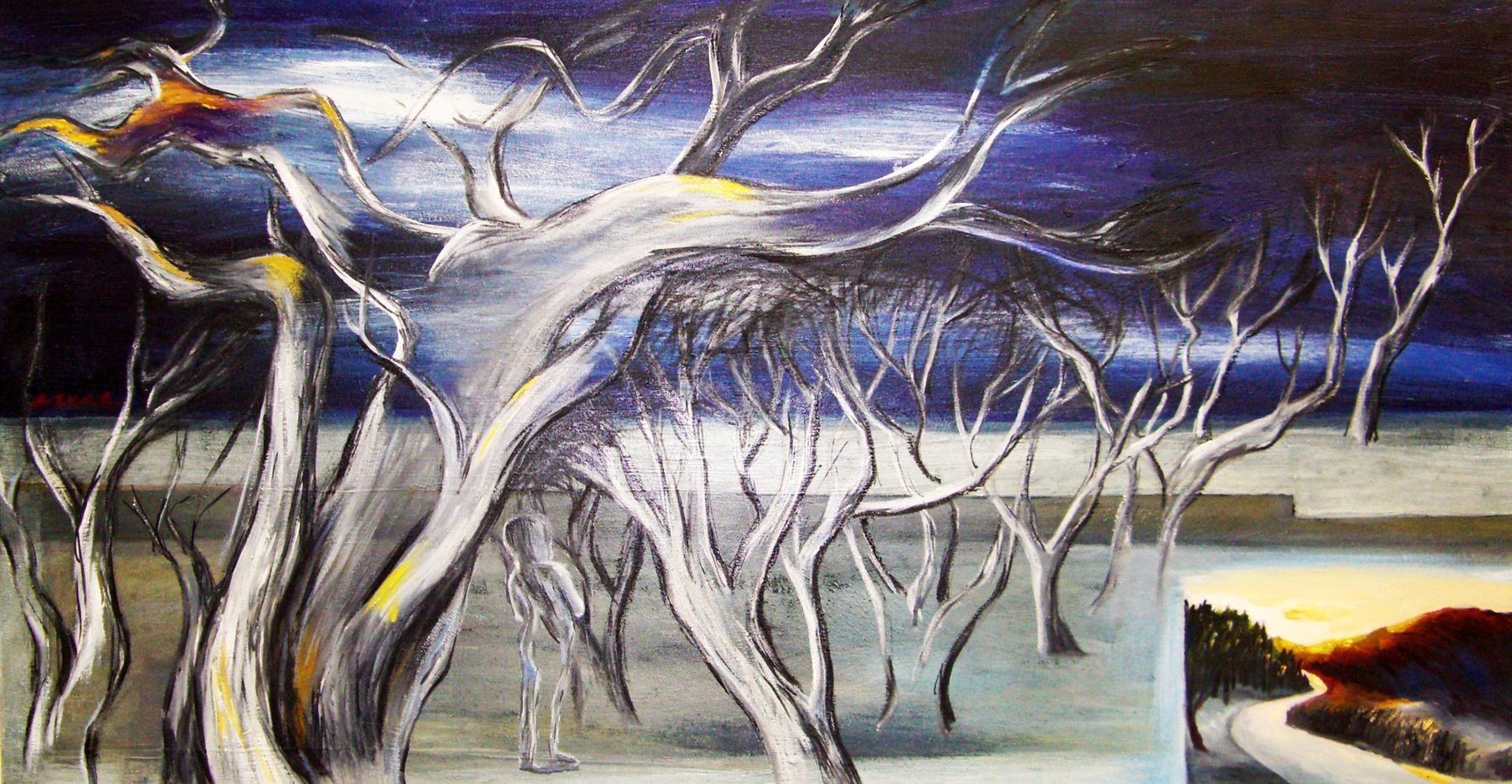 Abstract painting of twisted white trees in a snowy landscape under a dark, stormy sky.
