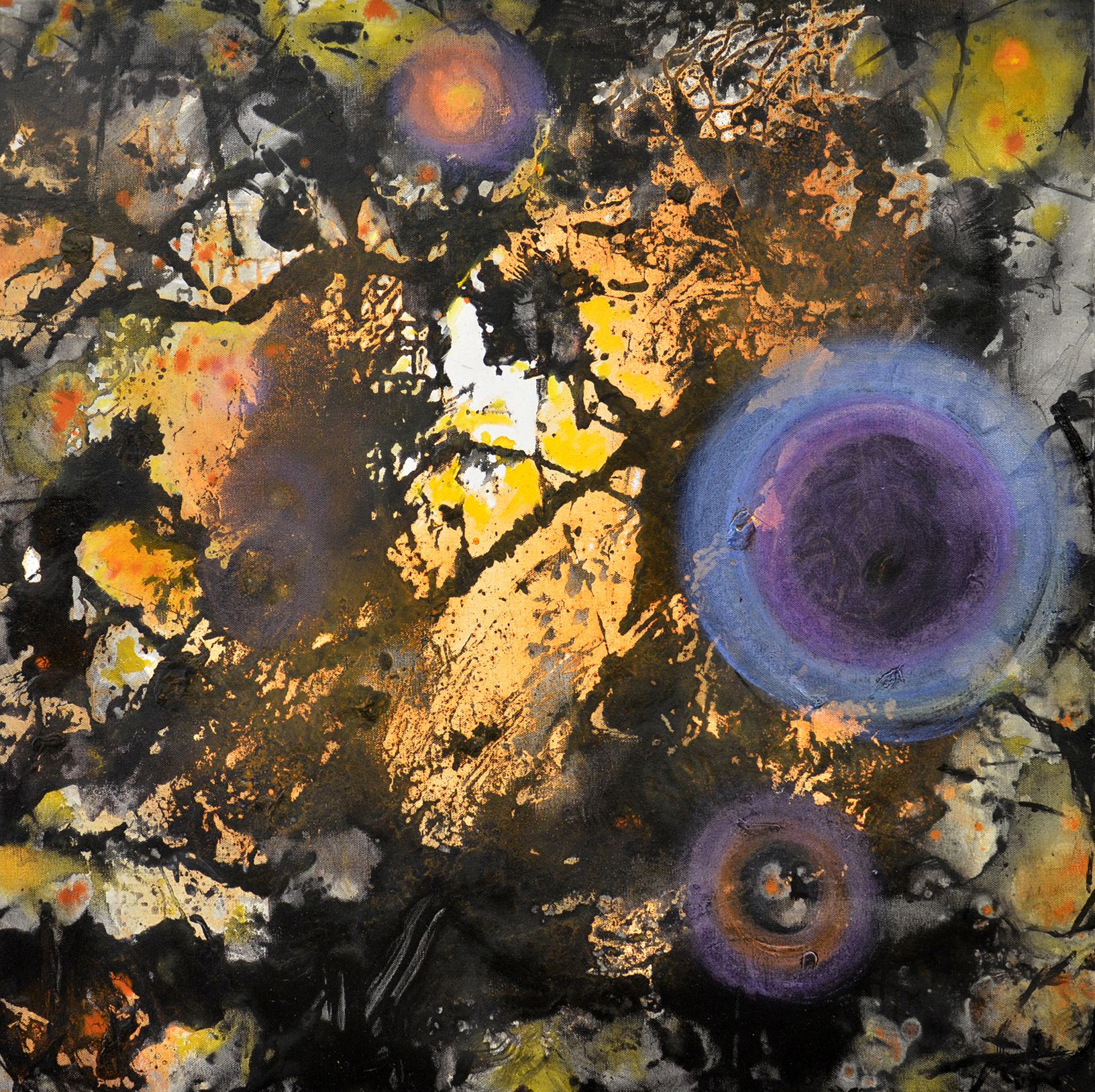 Abstract painting with black, gold, and gray textures, featuring glowing purple and orange circular forms