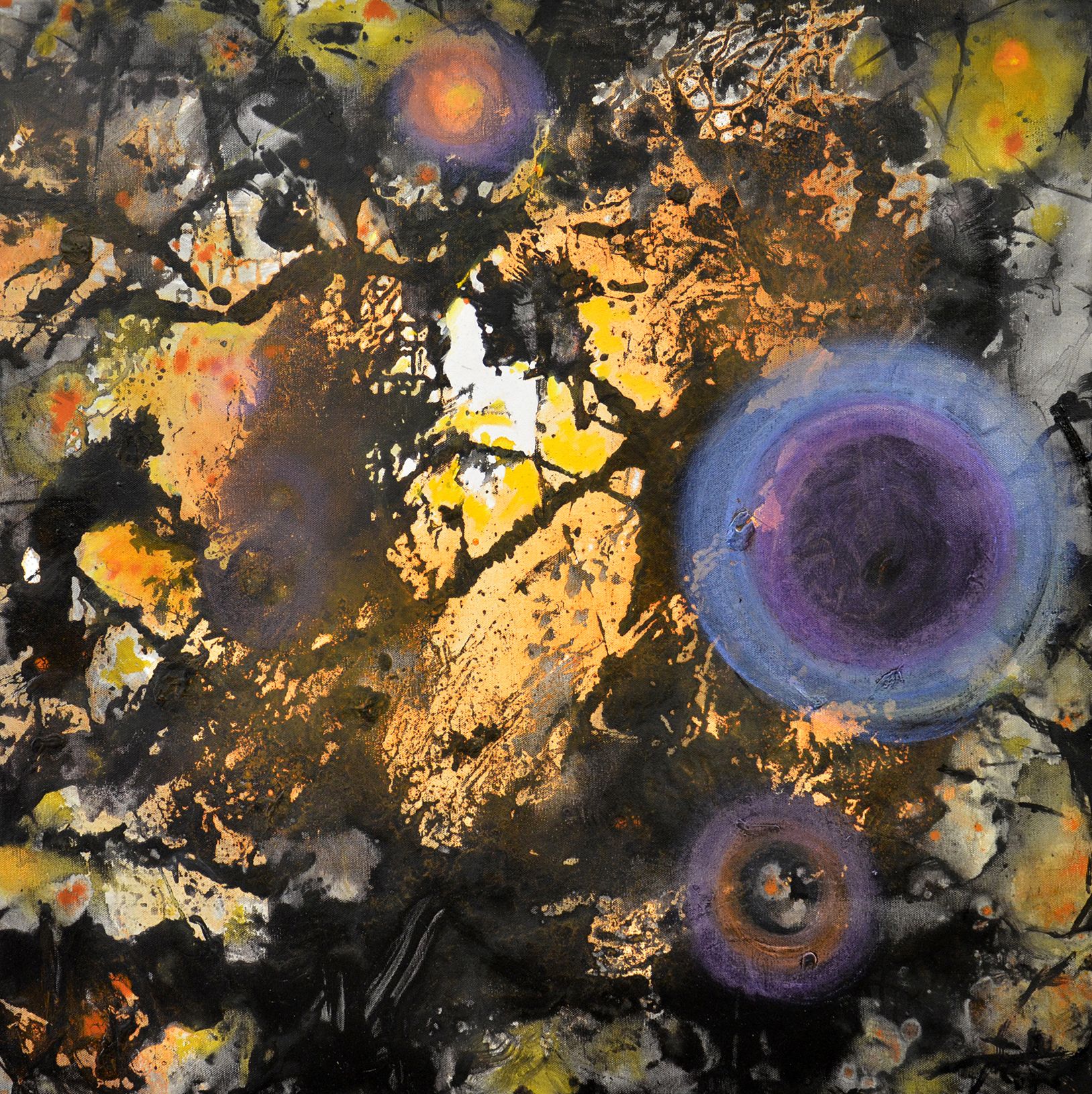 Abstract painting with black, yellow, orange, and purple splashes, featuring circular blue-purple orbs