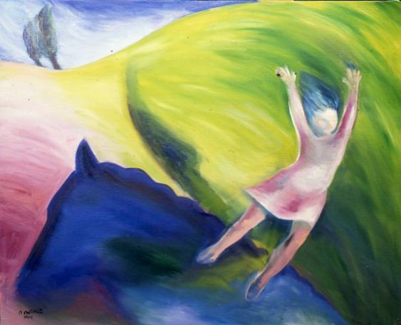 A pastel painting of a figure leaping up a colorful hillside with arms raised.