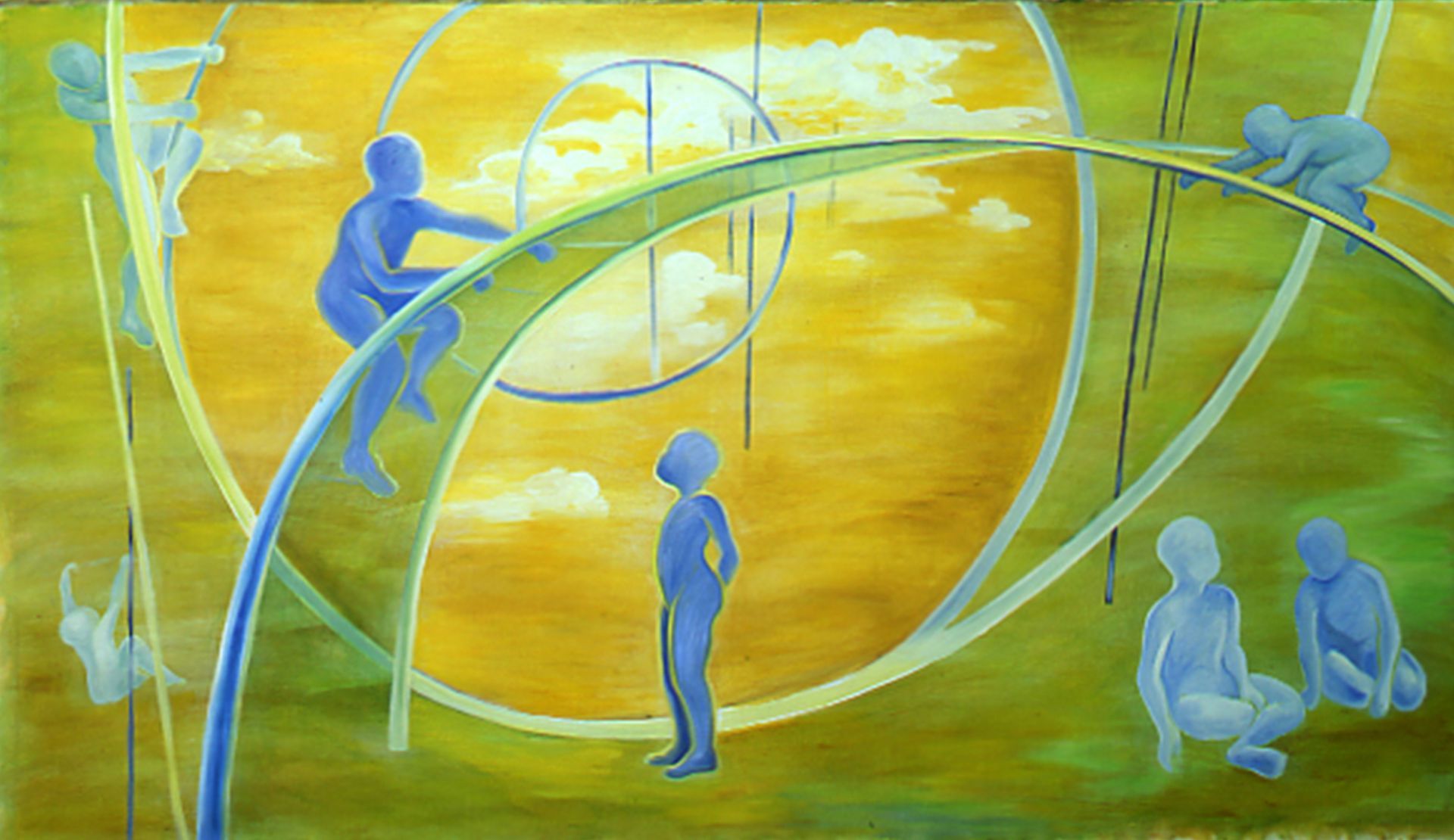 Blue figures on arcing metal beams around a glowing yellow circle, abstract scene