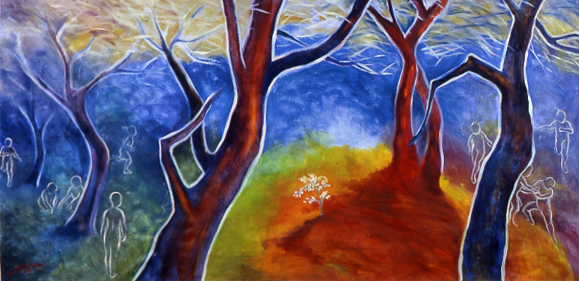 Abstract forest scene with blue trees and a glowing orange path under a swirling sky