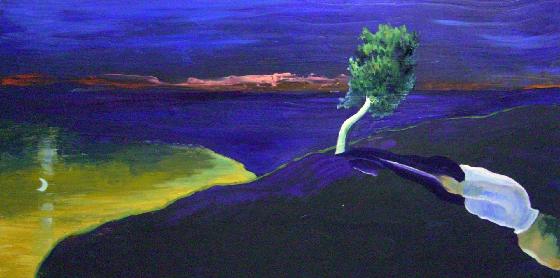 Dark purple landscape with a lone tree on a hill and a glowing sunset over water