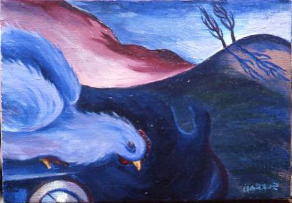 Blue bird in foreground with dark hills and pink sky in a painted landscape