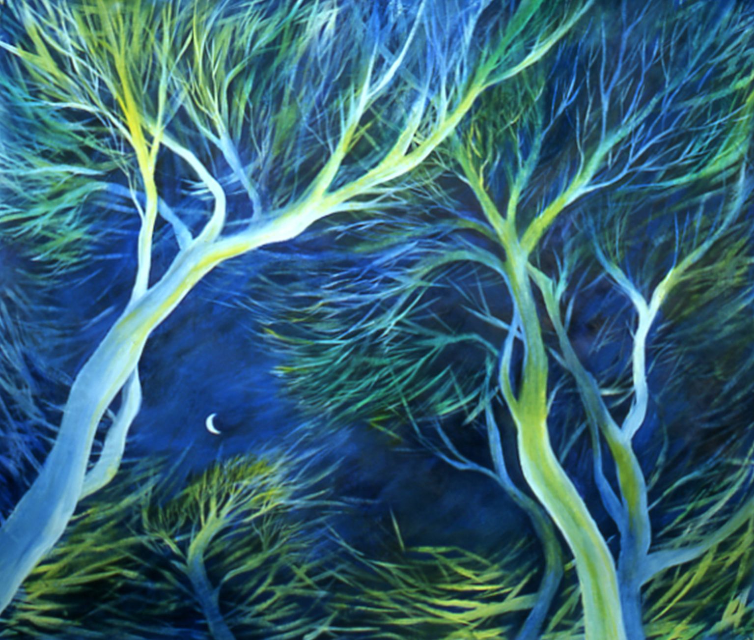 Blue and green glowing tree branches against a dark night sky with a small crescent moon.