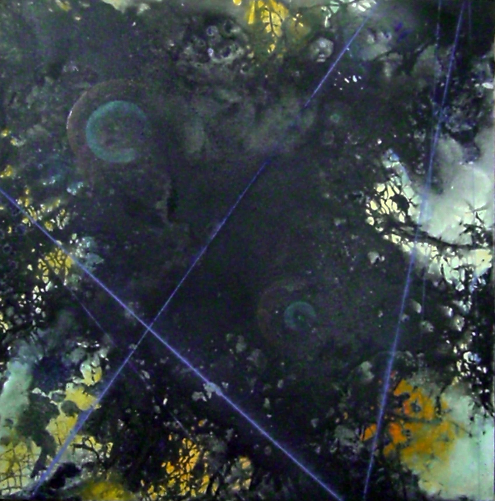 Abstract dark artwork with teal spirals, diagonal blue lines, and splashes of yellow and white
