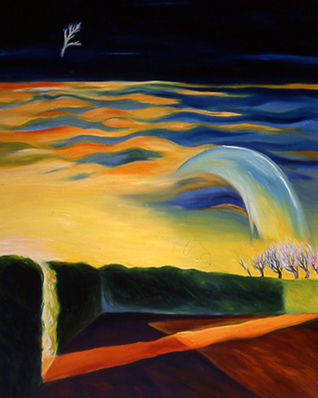 Abstract landscape with yellow sky, blue clouds, red ground, a waterfall, and curved white forms