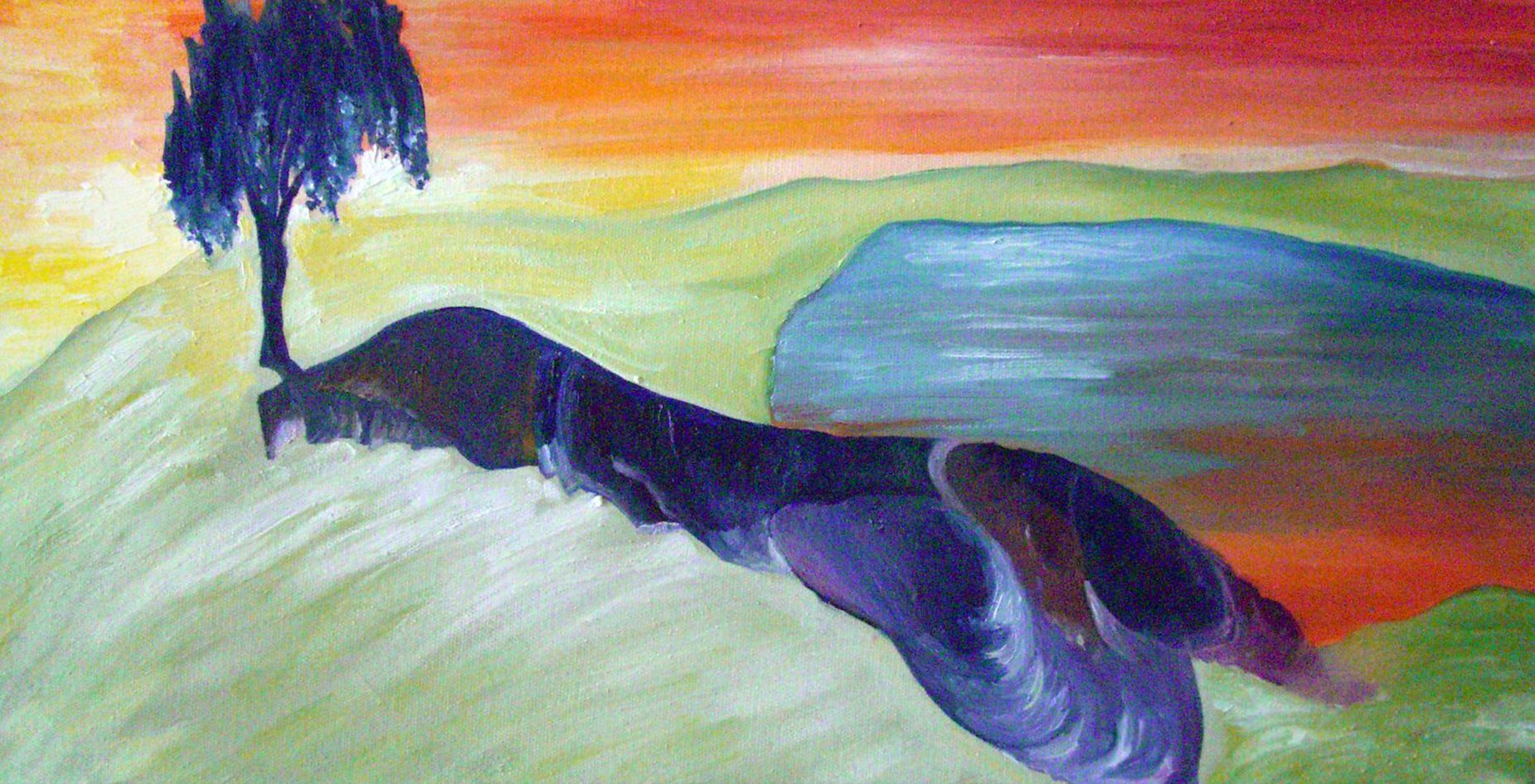 Dark abstract figure on green hills at sunset with a tree and colorful sky