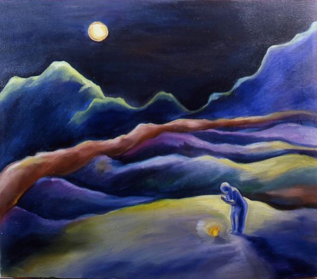 Moonlit mountains and a lone figure bending toward a small glowing light in a blue-purple landscape