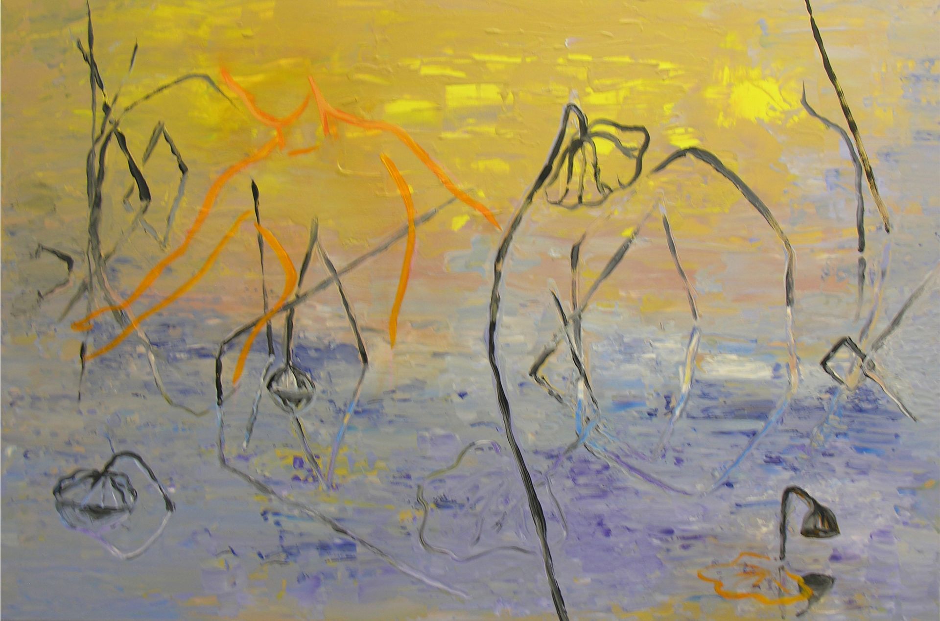 Abstract painting with yellow, orange, and blue tones and thin sketch-like mountain shapes.