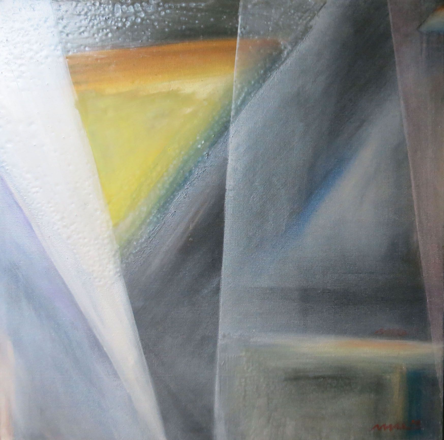 Abstract geometric painting with soft gray, white, yellow, and orange shapes and gradients