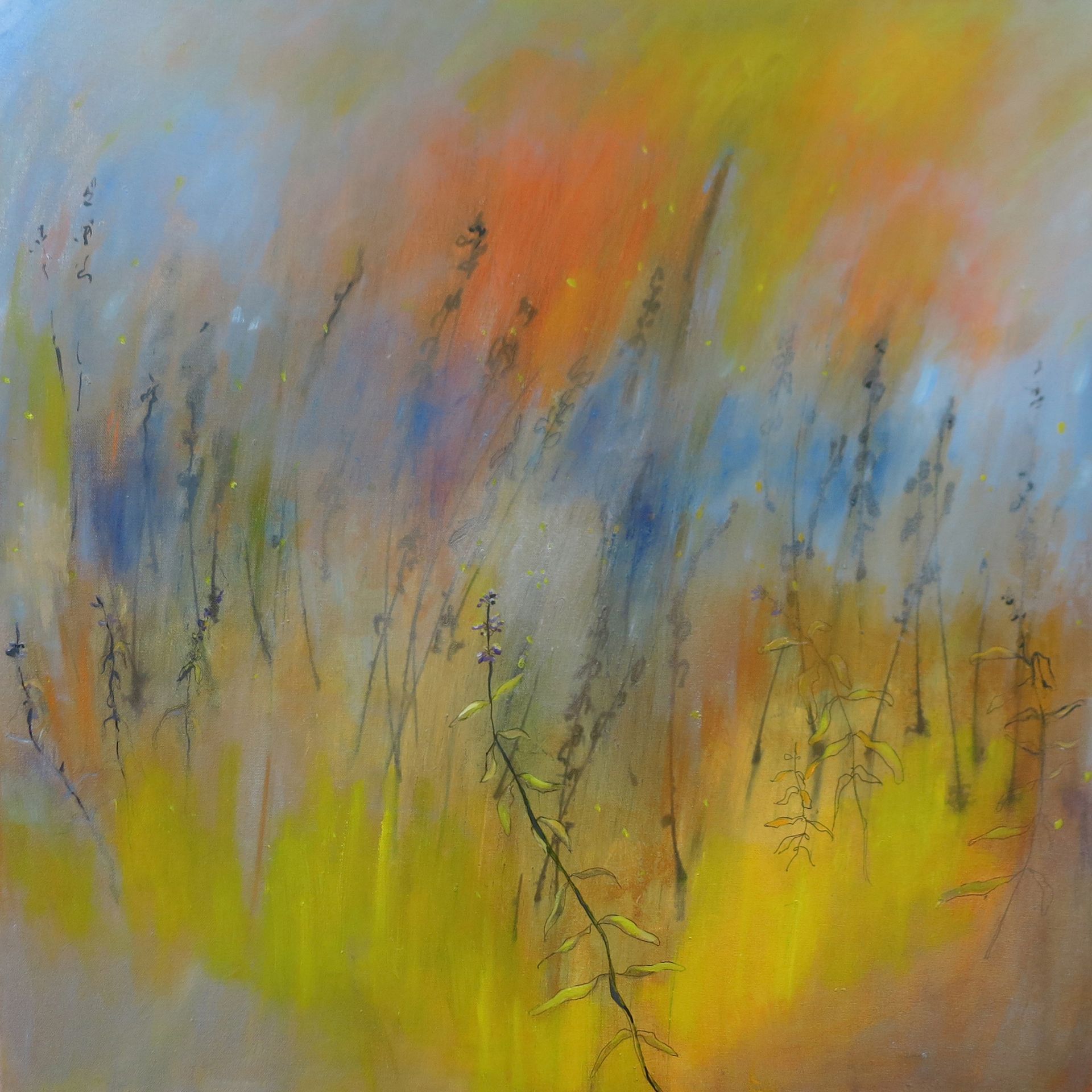 Abstract painting with yellow, blue, and orange brushstrokes over a gray background