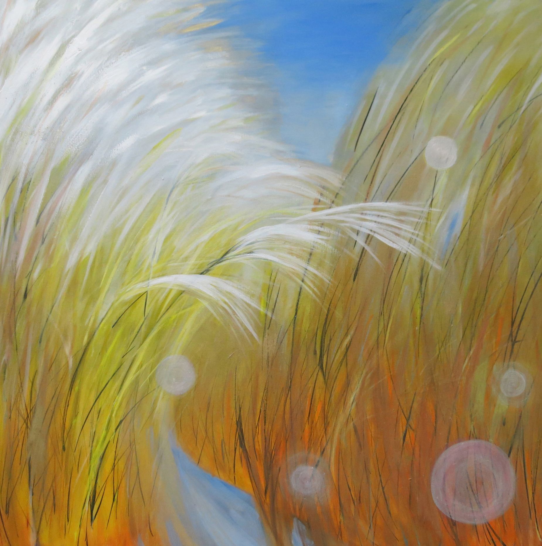 Abstract painting of tall white, yellow, and orange grasses under a blue sky with soft glowing circles