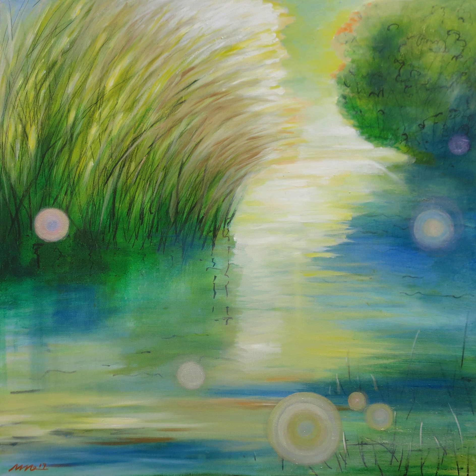 Abstract watercolor landscape with green grasses, a calm blue pond, and soft glowing orbs