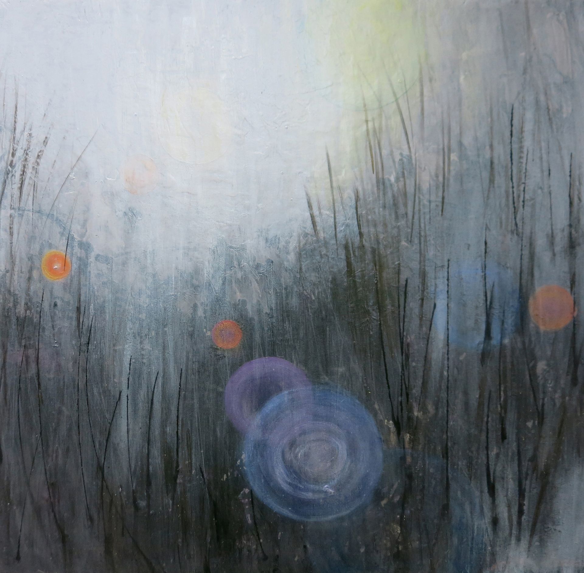 Abstract gray-blue painting with dark grasses and soft orange and purple light orbs