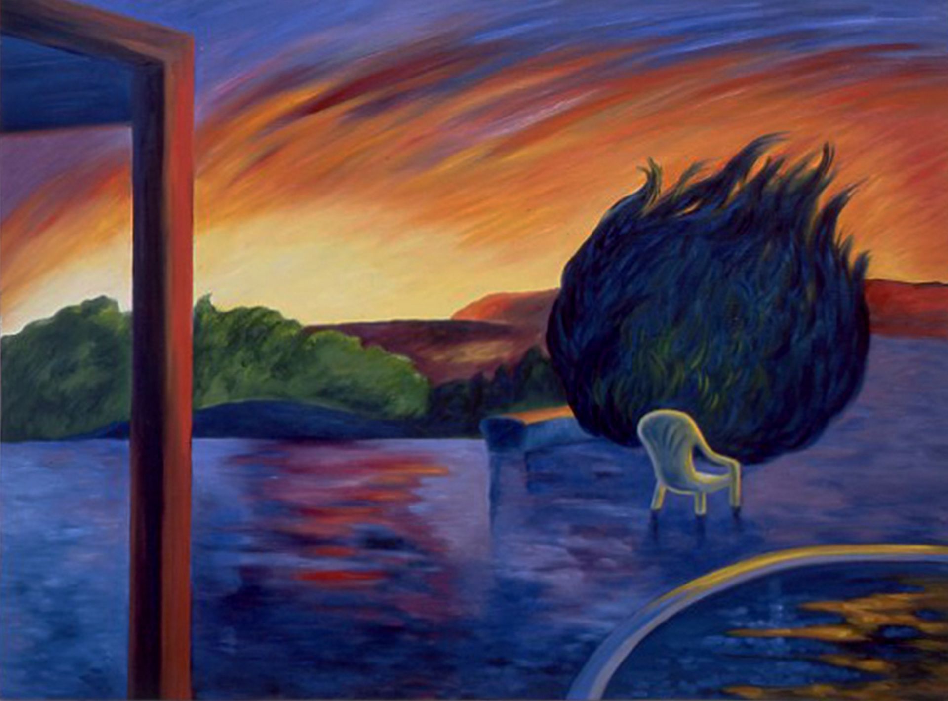 Sunset over a blue shoreline with a lone chair and dark tree silhouette near a doorway opening