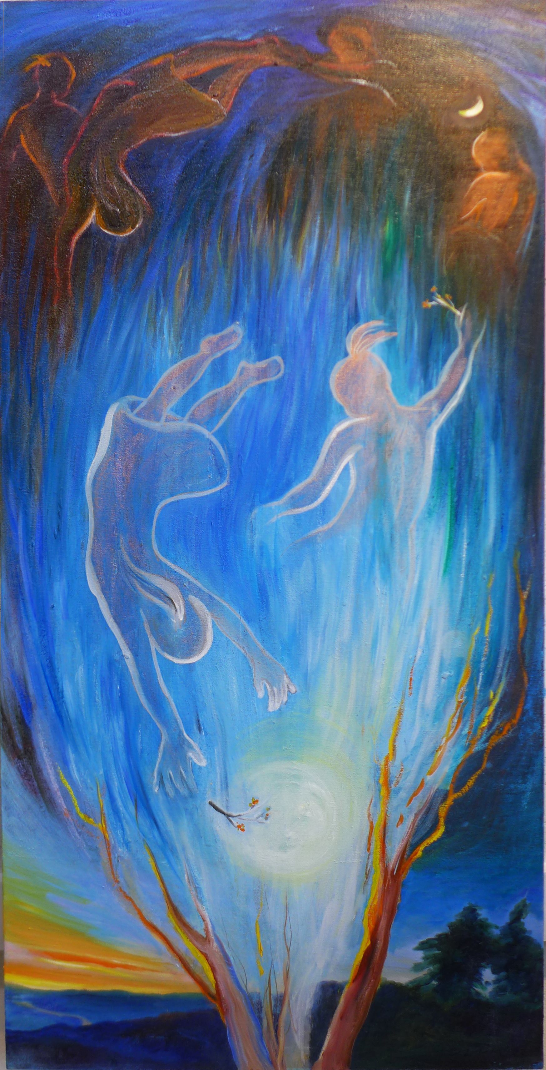 Abstract blue and gold painting of two glowing figures in a swirling, ethereal scene