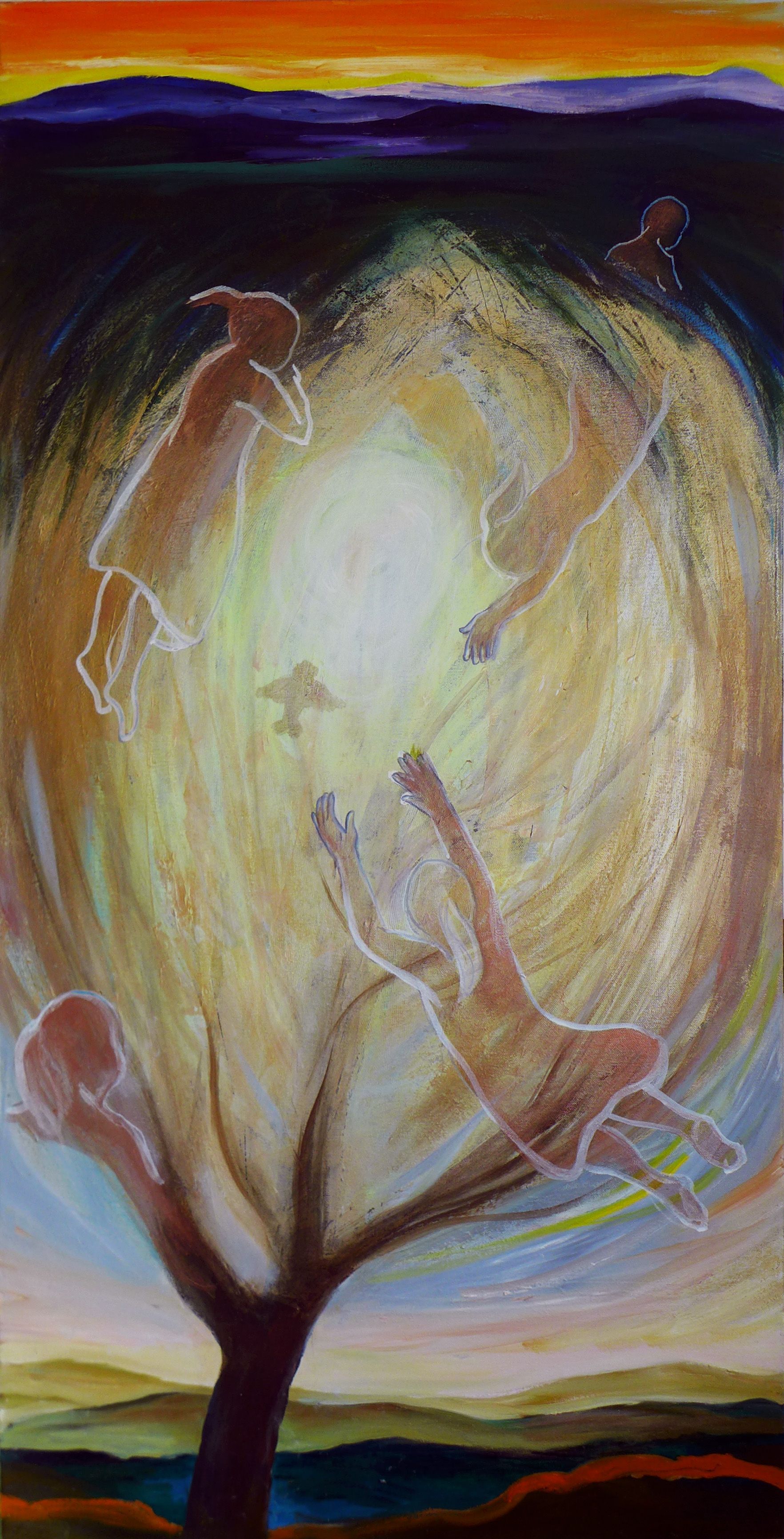 Abstract painting of a glowing tree-like form with warm yellow-orange light and dark purple borders