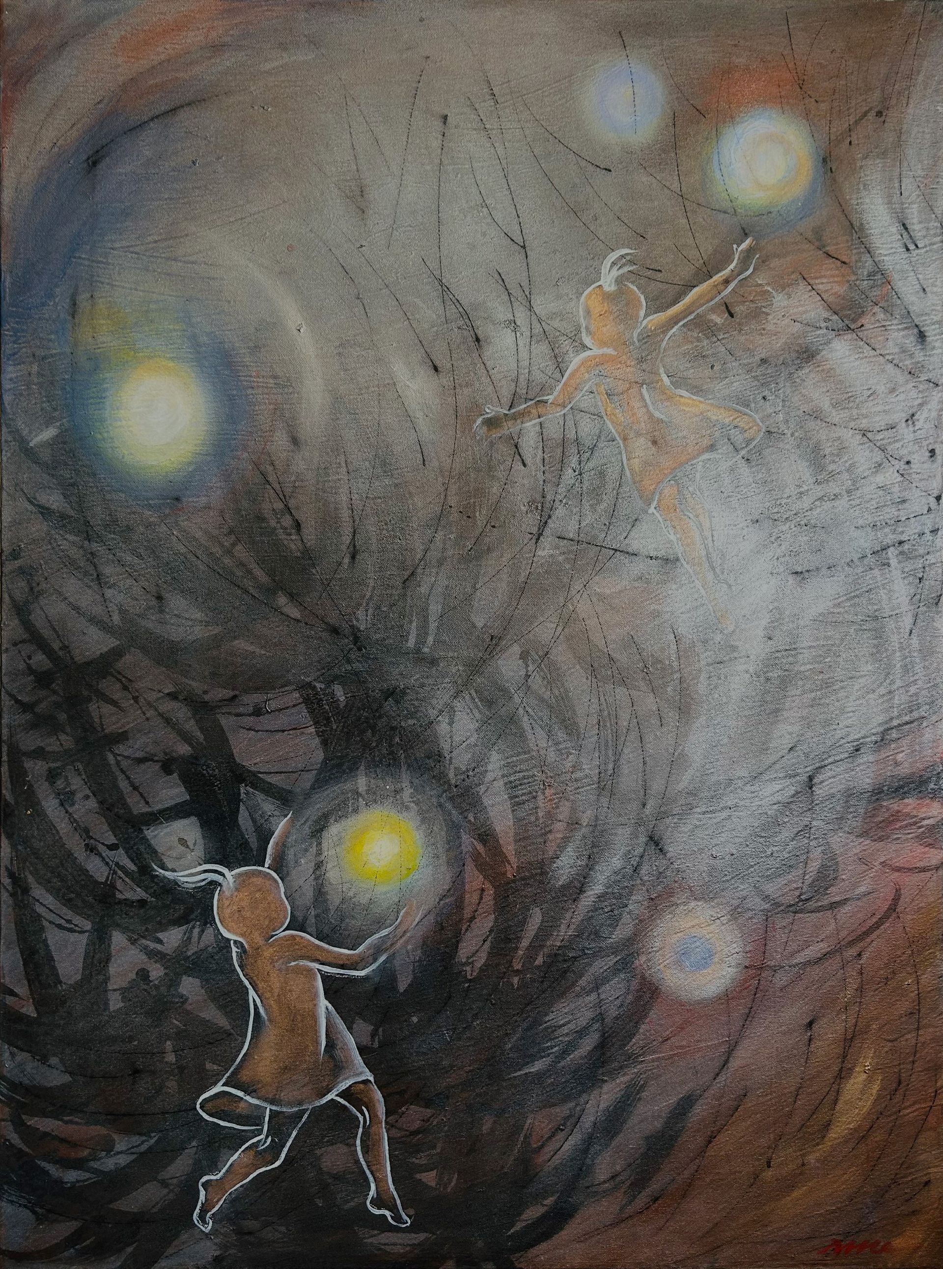 Abstract scene of a person reaching toward glowing orbs in a dark, swirling forest-like space