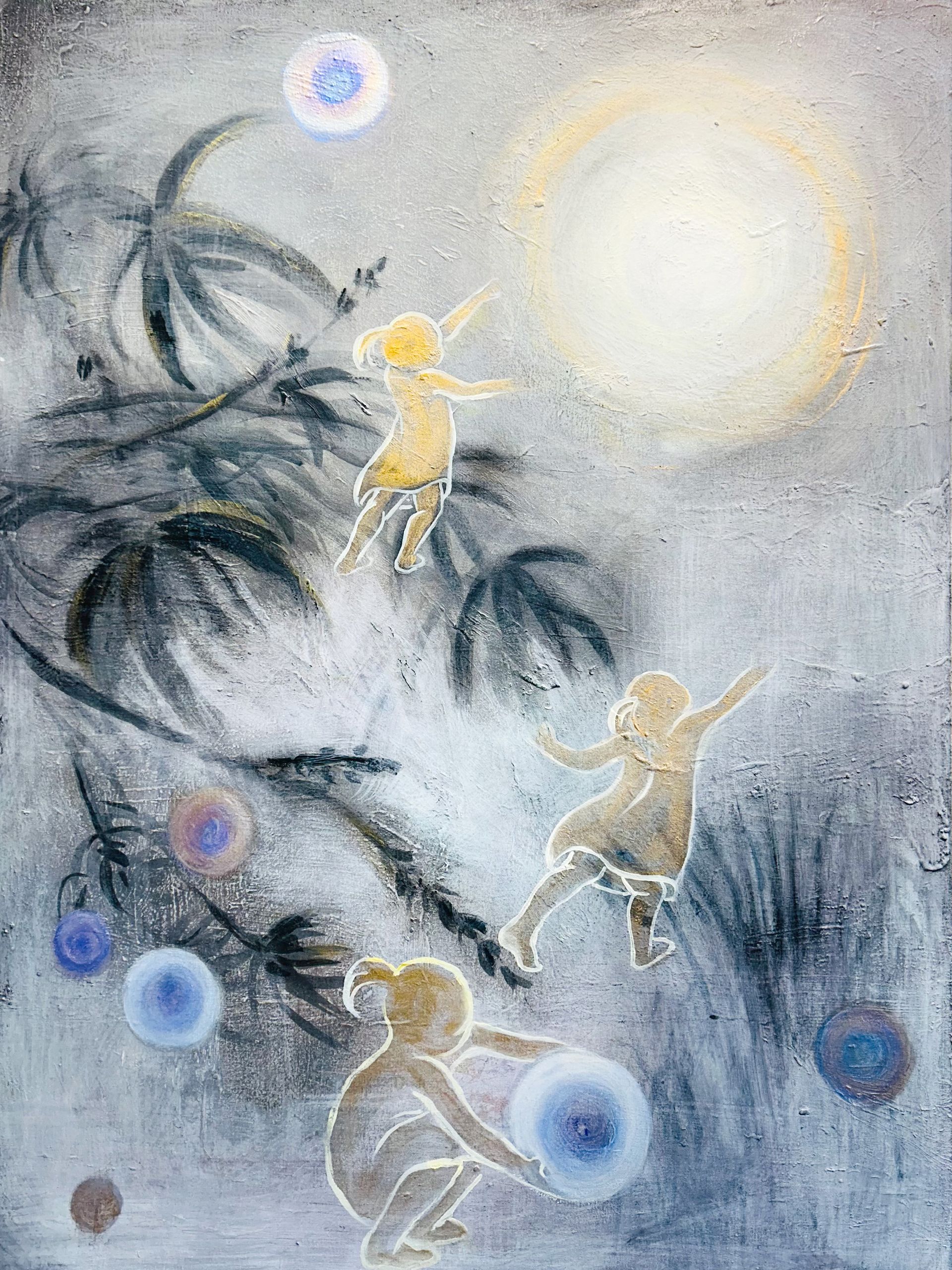 Moonlit scene of glowing children-like figures on a leafy branch, with blue orbs and a bright sun-like moon