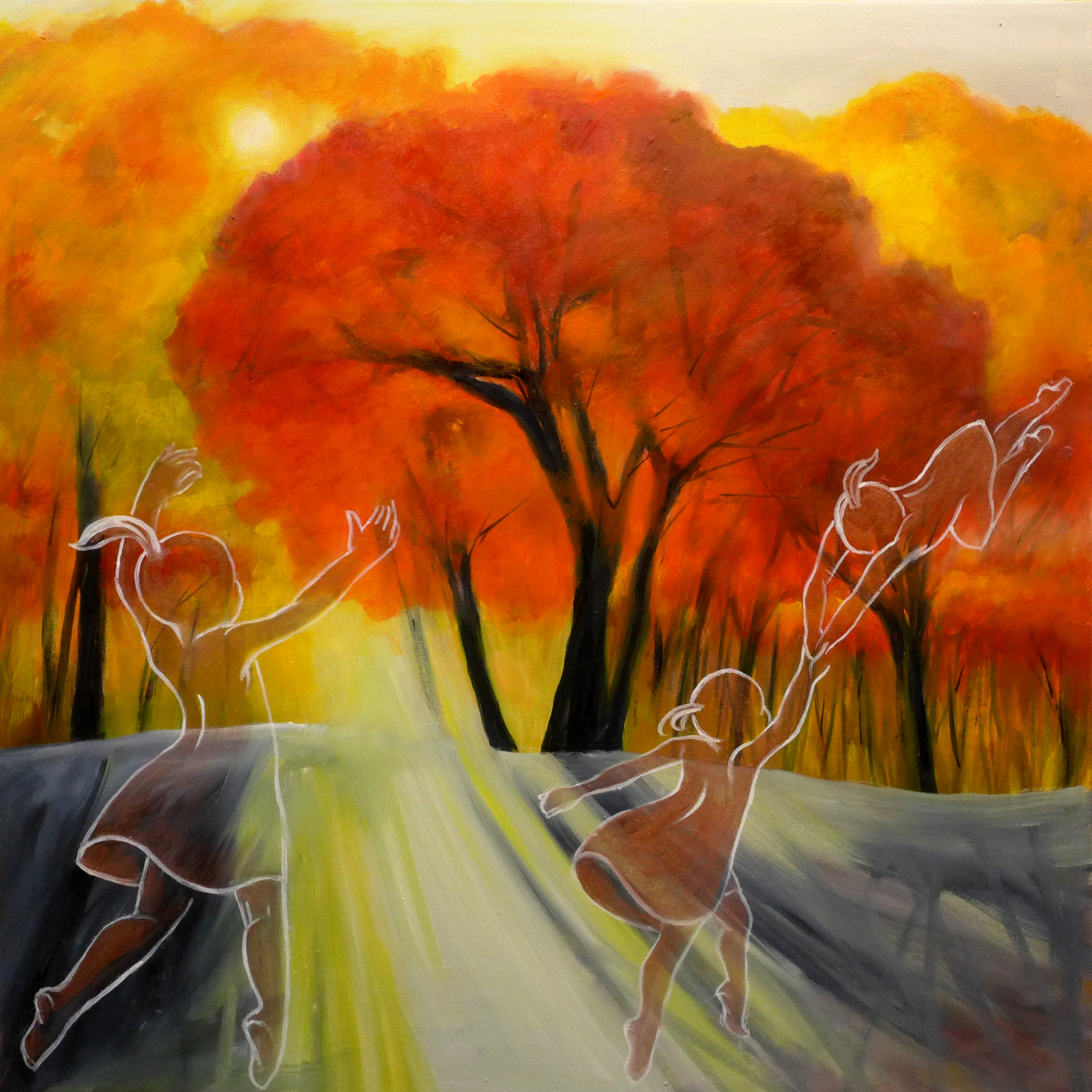 Dancers in flowing white outlines on a winding road beneath vivid orange autumn trees
