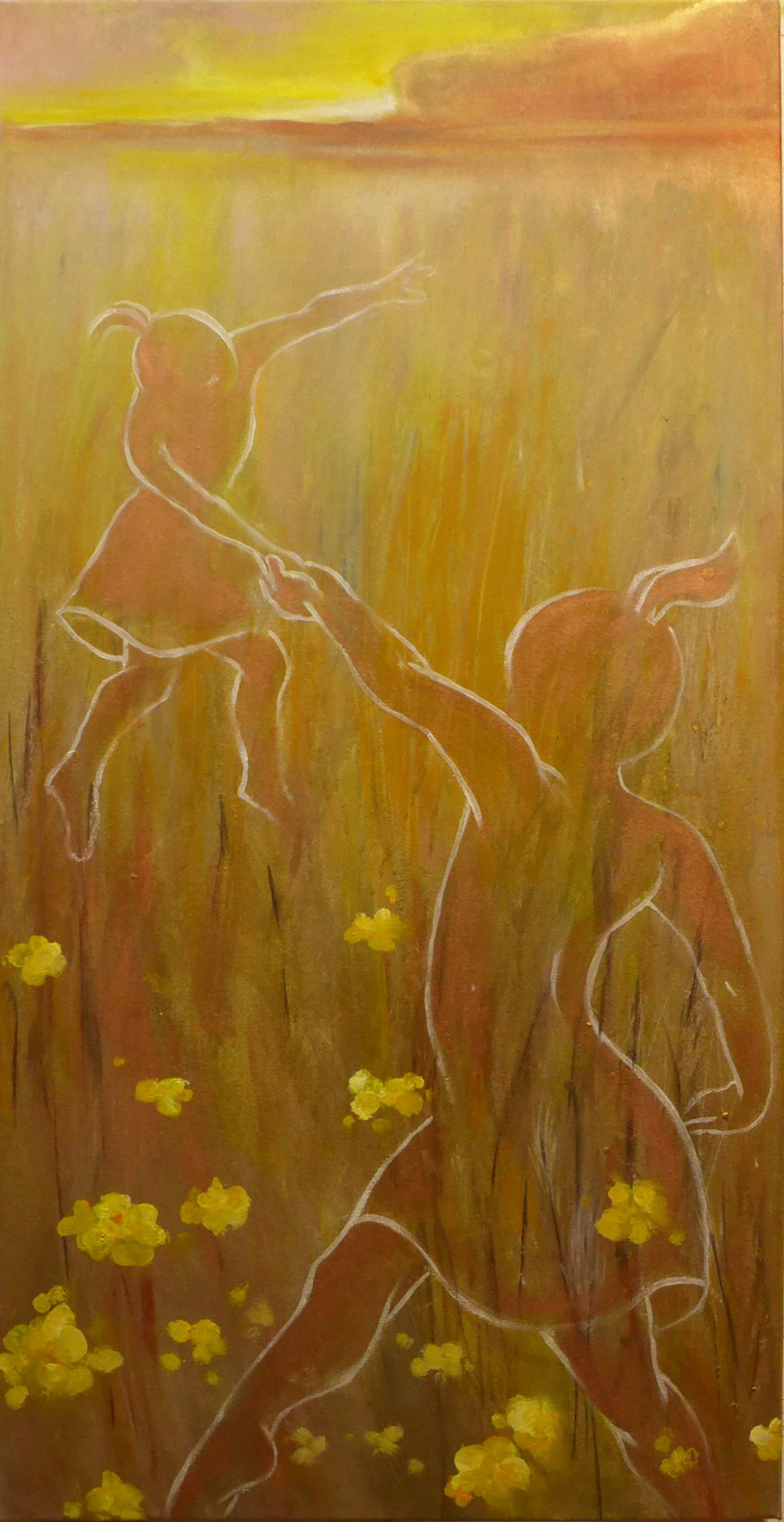 Abstract golden painting of two standing deer-like figures among tall grass and yellow flowers