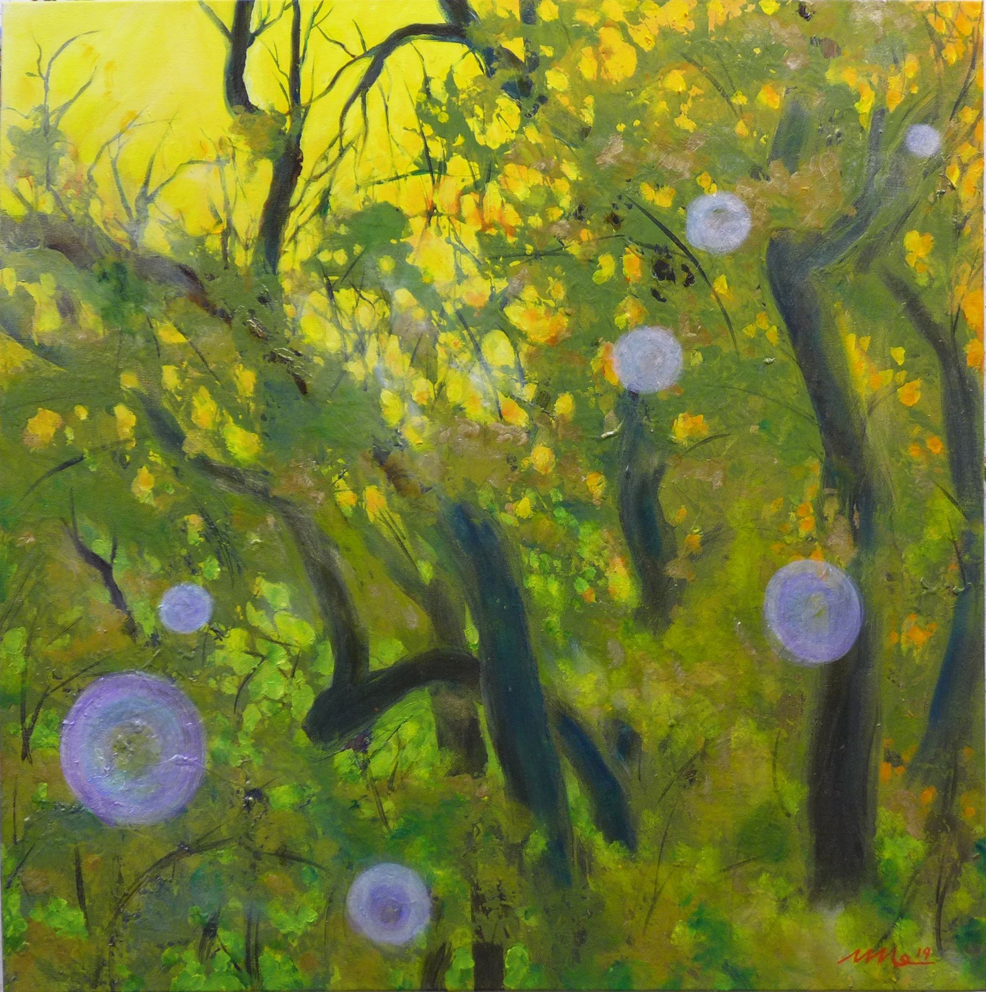 Abstract painting of a sunlit forest with green trunks, yellow foliage, and soft purple circular blooms