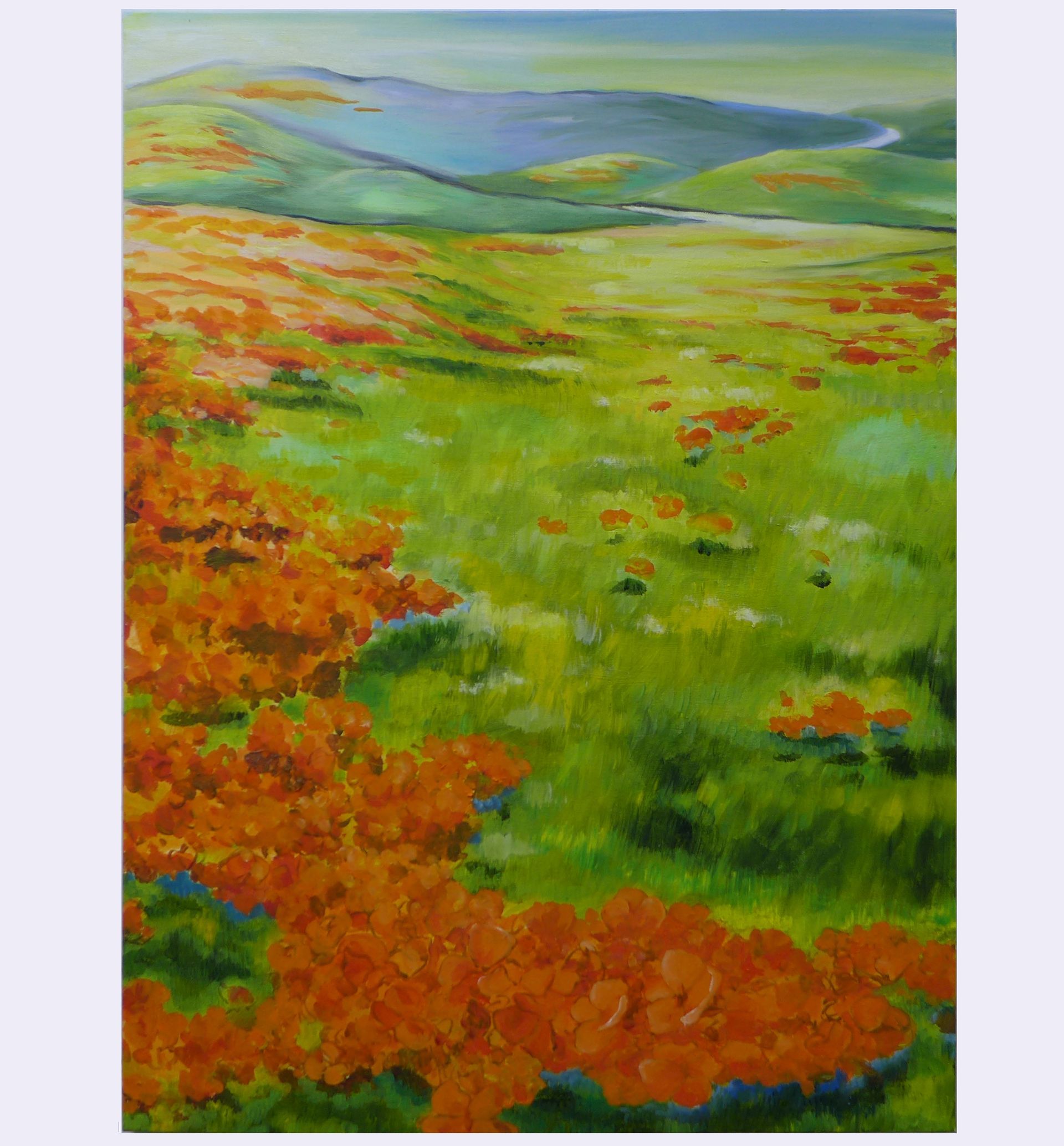 Abstract landscape painting of green hills with orange wildflowers under a pale blue sky