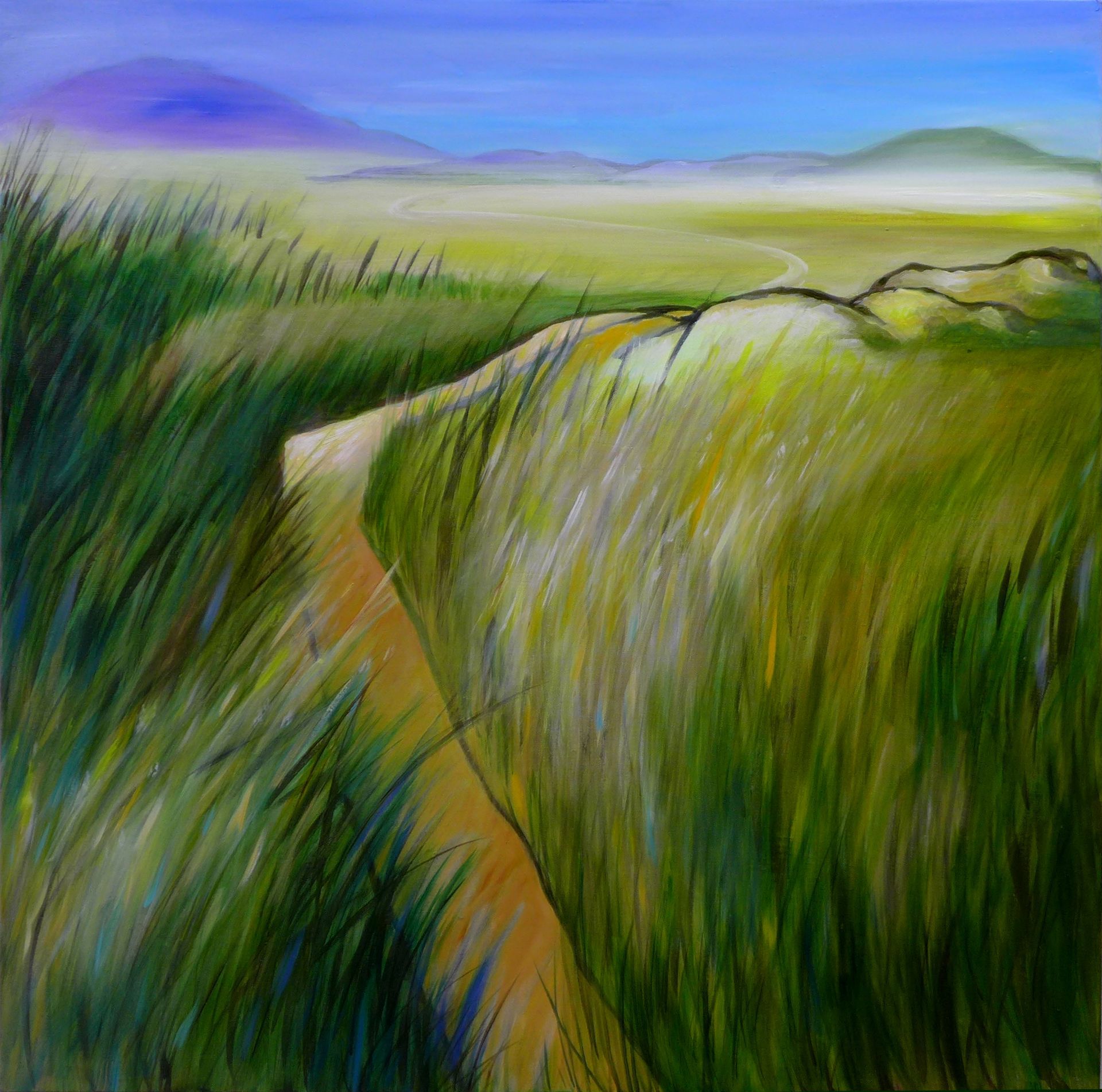 Abstract landscape painting of a grassy path between hills under a blue sky
