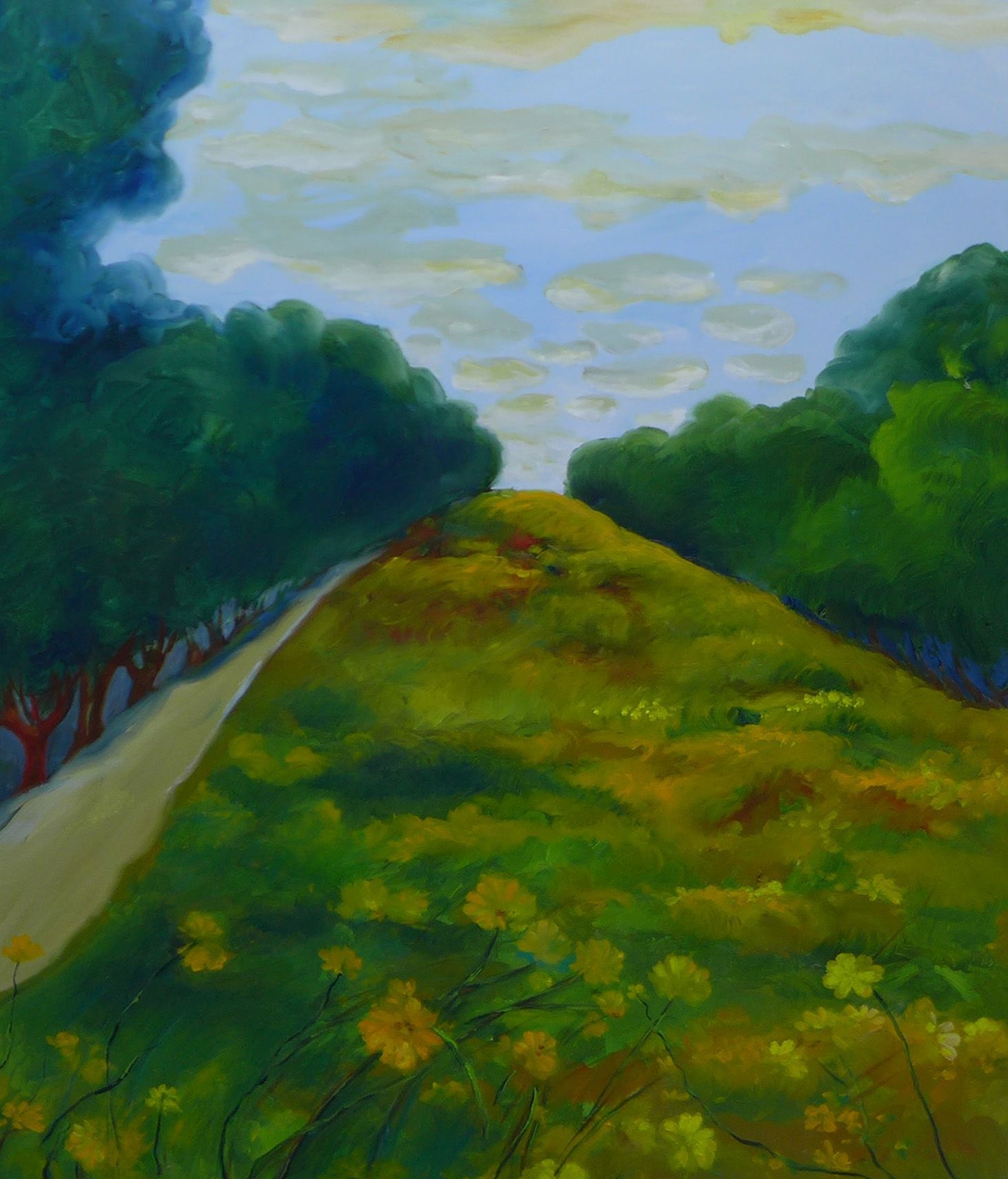 Painted landscape of a grassy hill beside a tree-lined path under a cloudy sky
