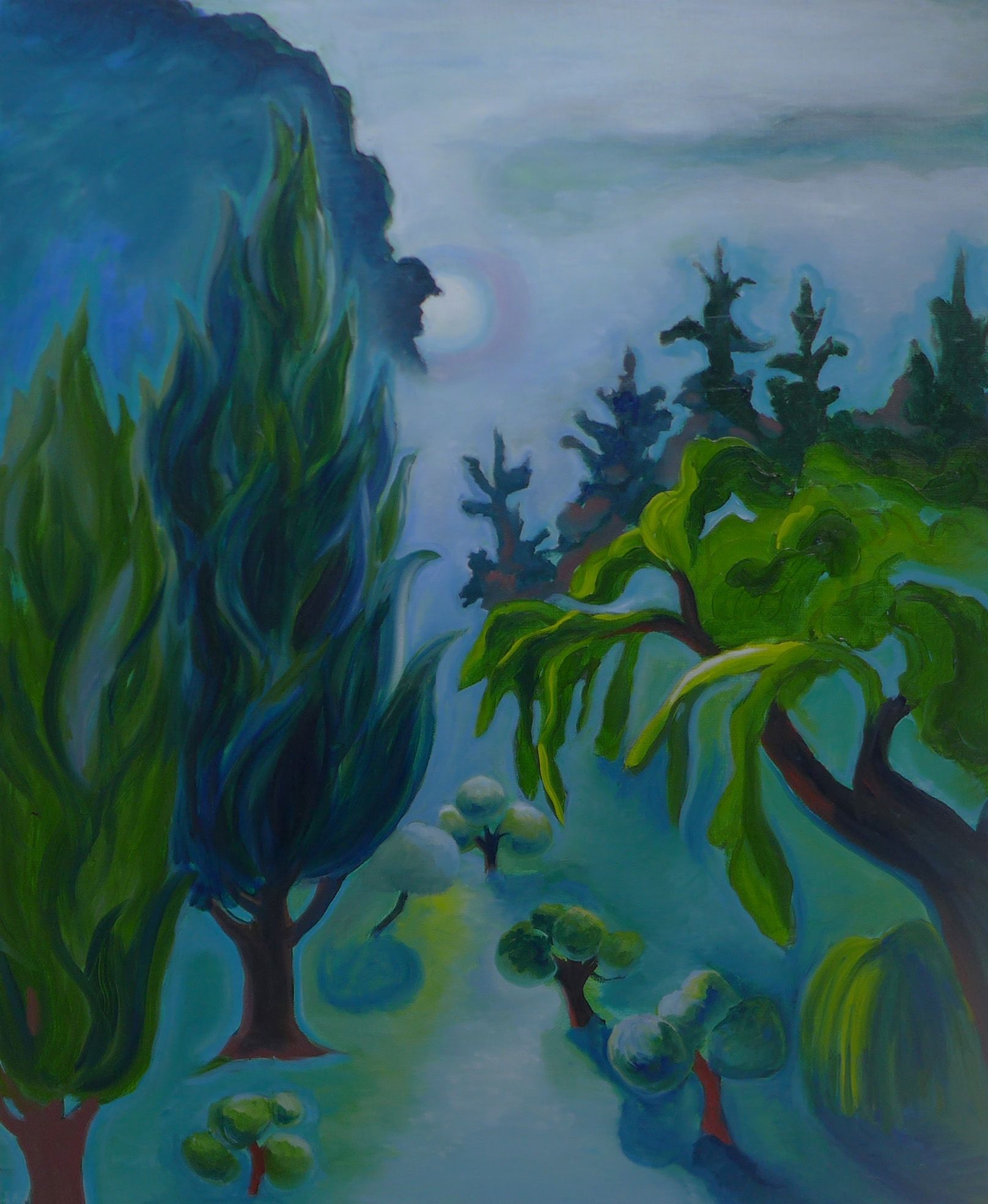 Blue-green dreamlike landscape with tall trees, a winding path, and a hazy moonlit sky