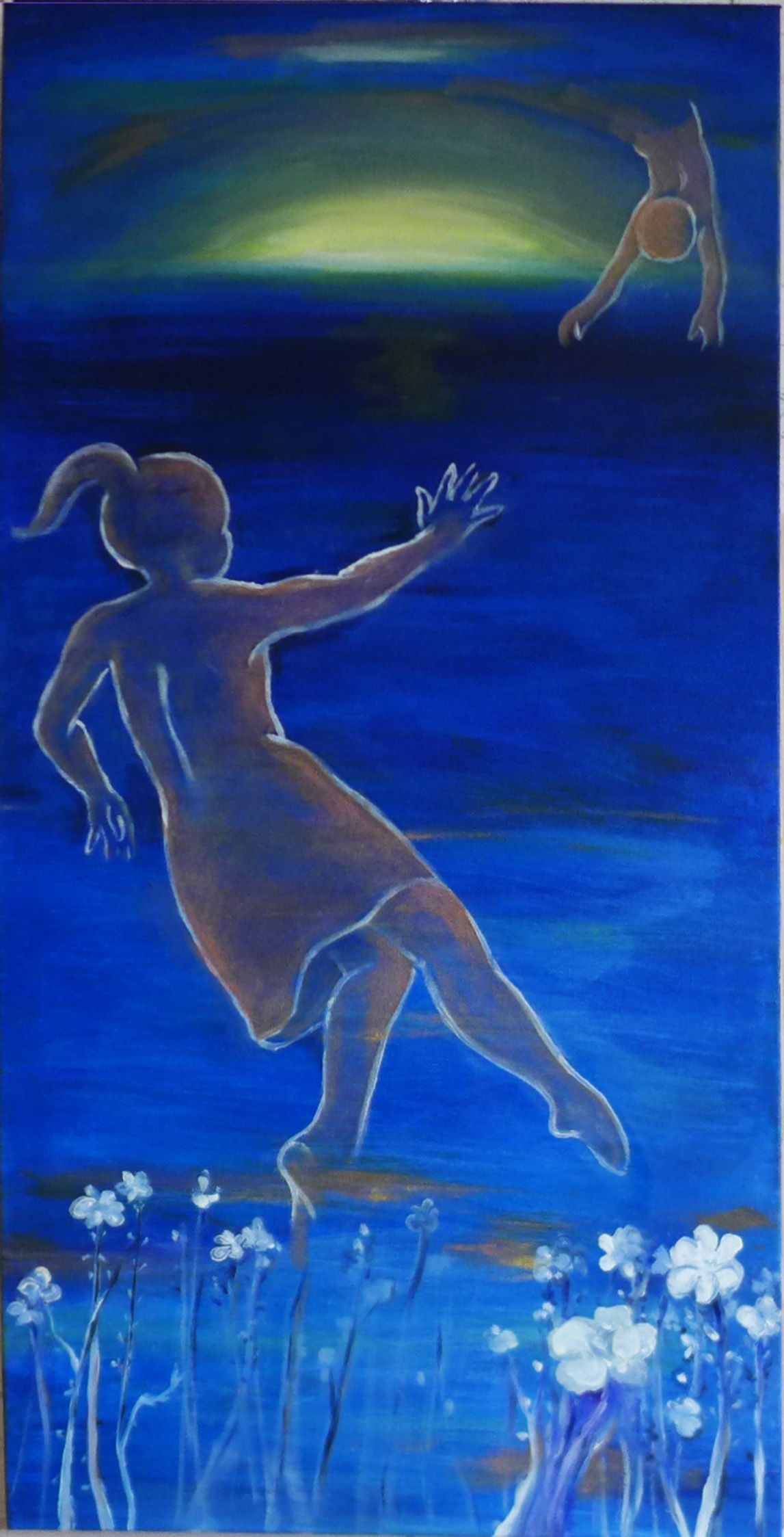 Blue-toned painting of two dancers in a spotlight, one reaching up amid white flowers below