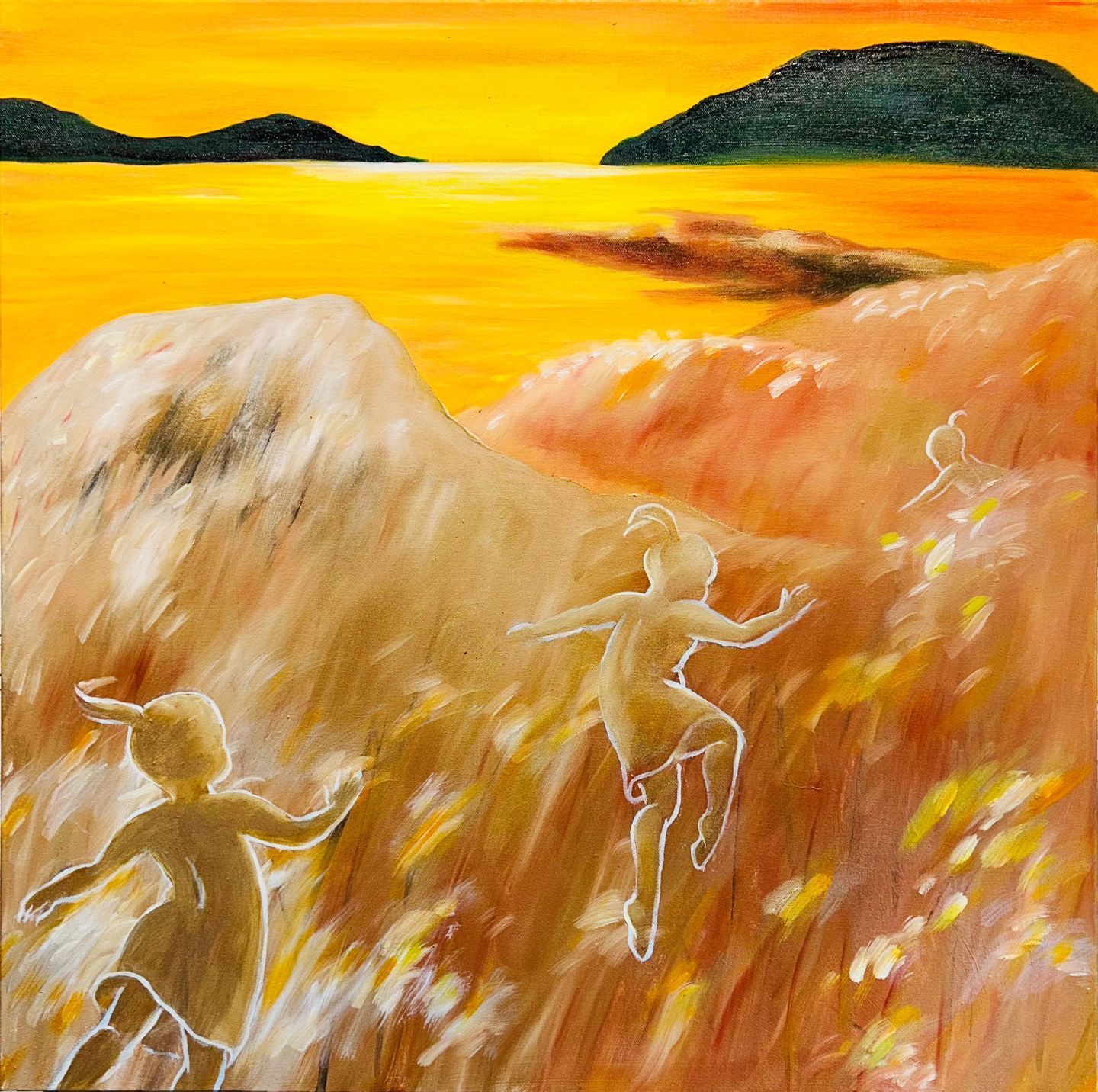 Sunlit beach scene with two children playing on grassy dunes beside a golden sea at sunset