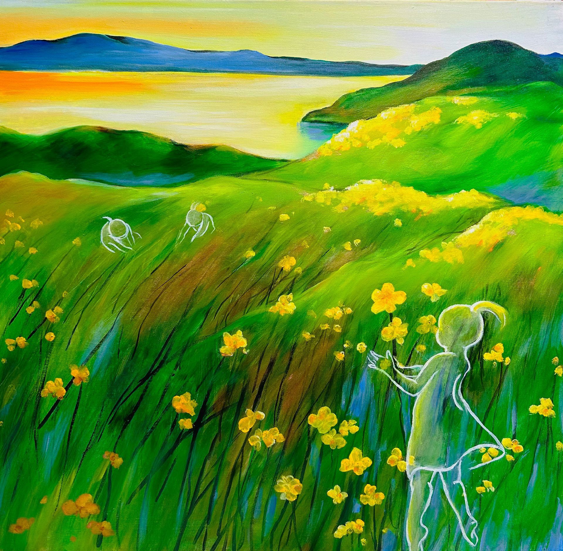 Sunlit green meadow with yellow flowers, distant hills, and a small figure in a flowing dress near the foreground