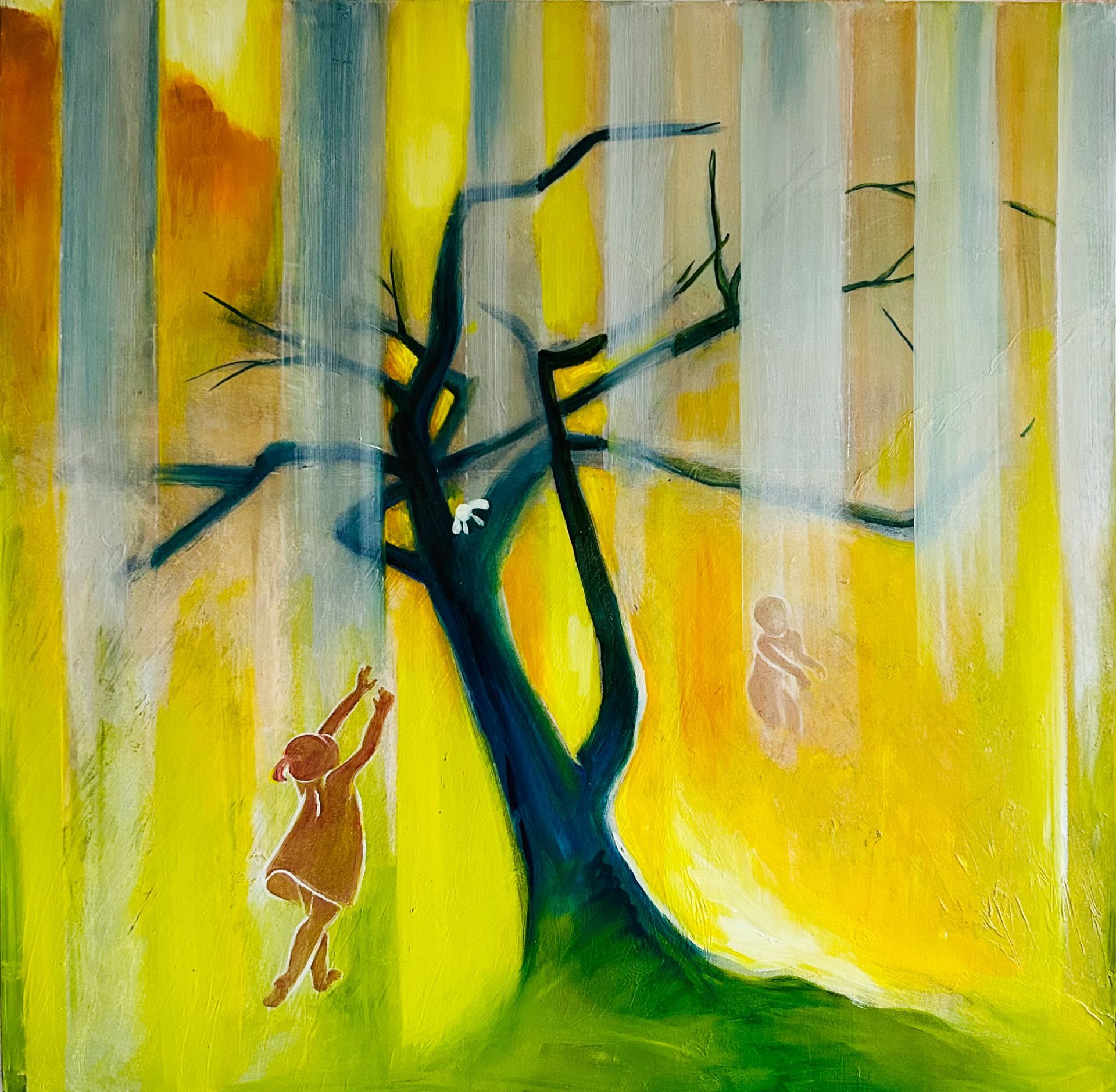 Abstract forest scene with a dark tree, yellow light beams, and small figures at left and right