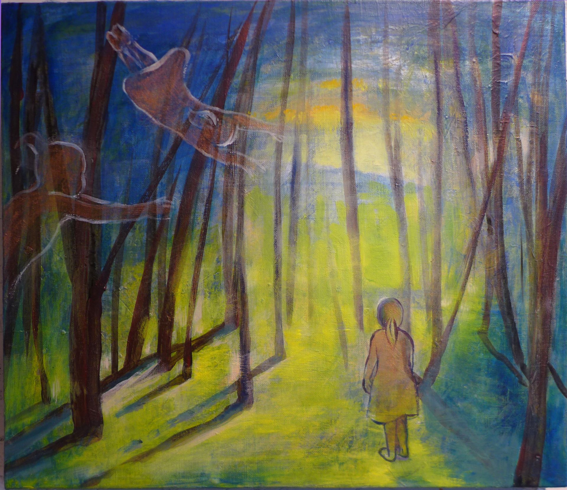 Abstract forest path with a small figure walking toward bright yellow light among tall, blue-purple trees