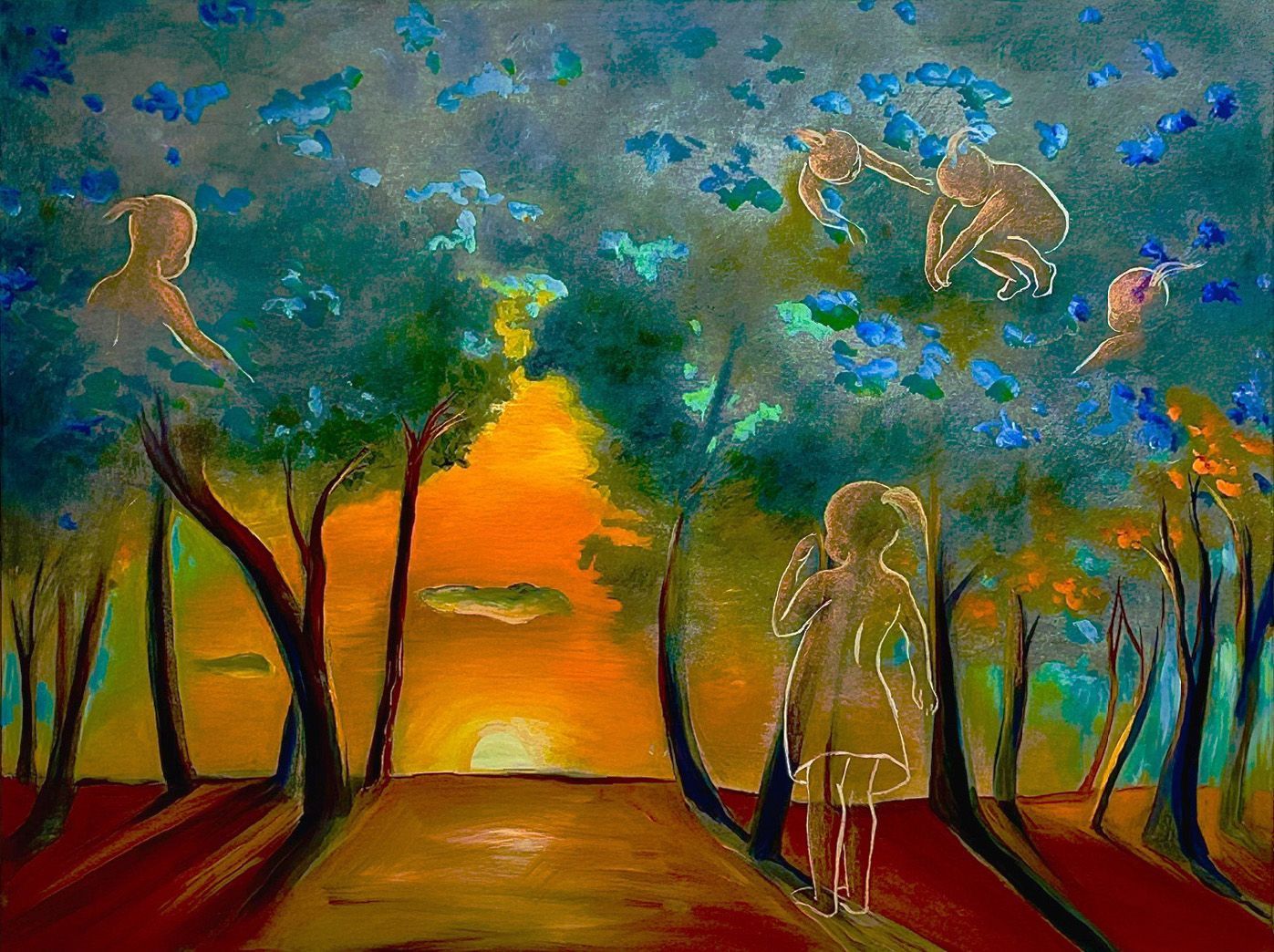 Surreal sunset landscape with trees, blue sky, and two outlined figures on a path near water