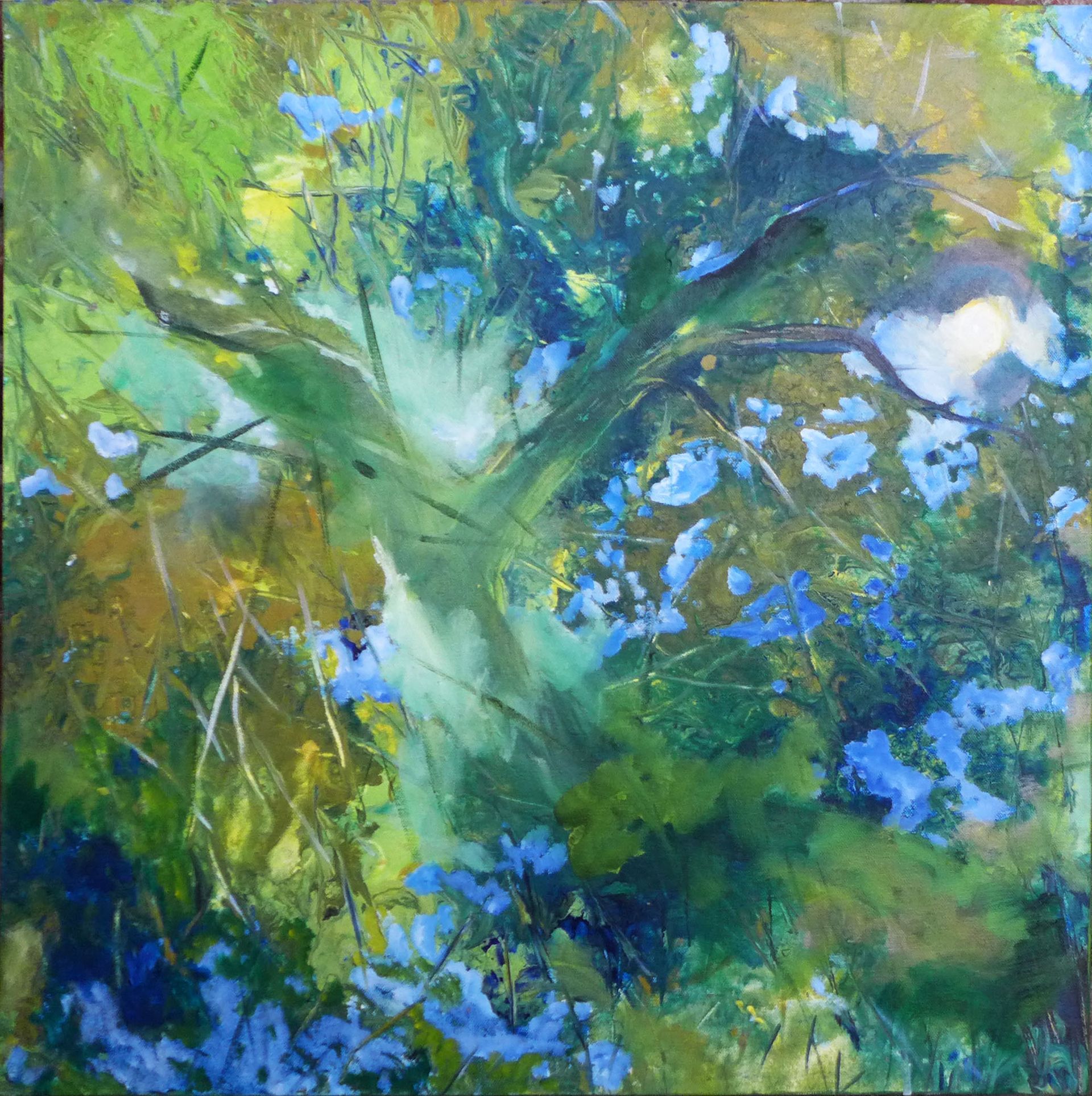 Abstract painting of green, blue, and yellow foliage with bright white highlights