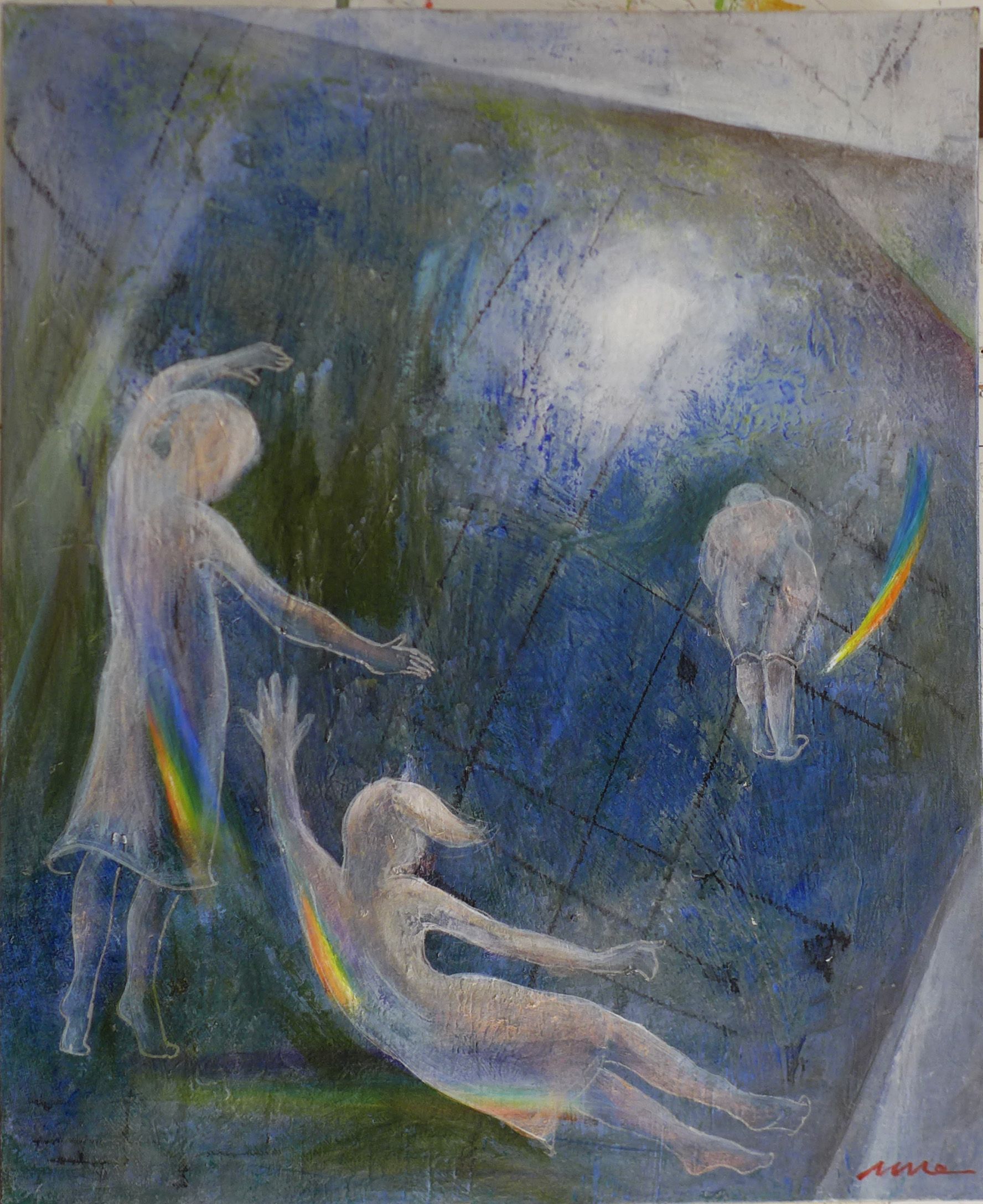 Abstract painting of three pale figures in blue-gray space, with a bright white light near the top center.