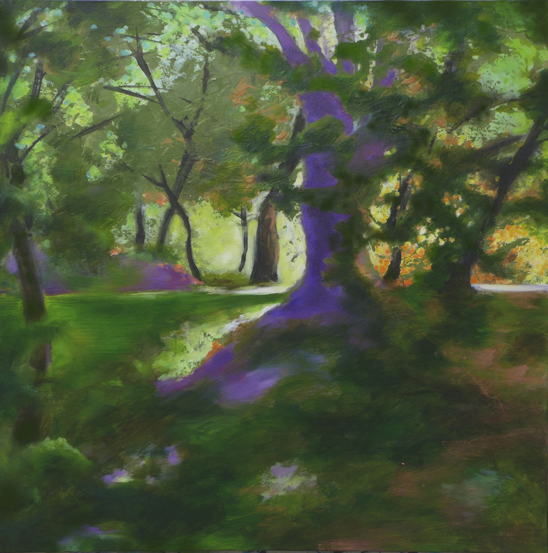 Painted park scene with a large tree trunk, green foliage, and purple shadows in soft light