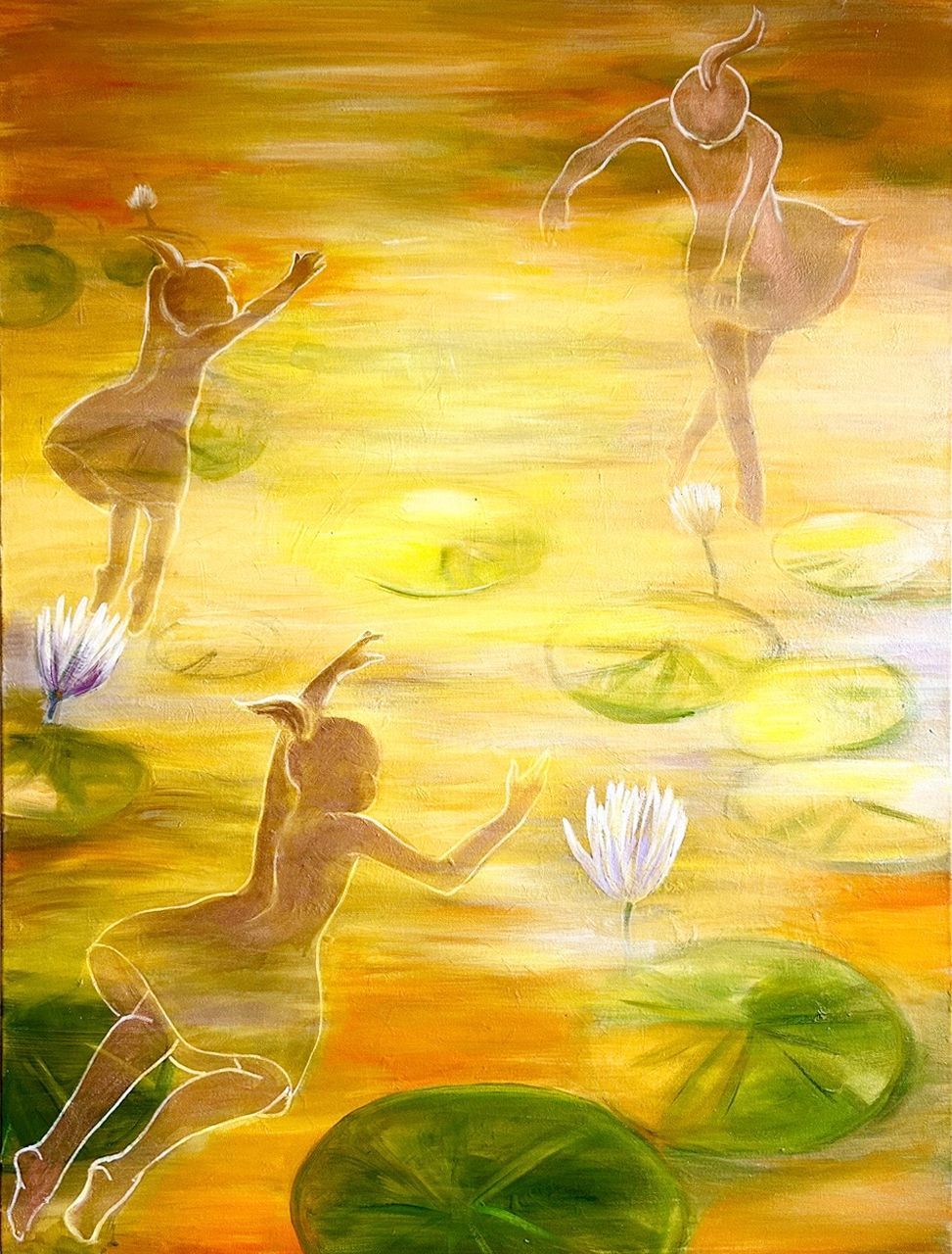 Dreamlike ballet dancers with lily pads and flowers in a golden pond